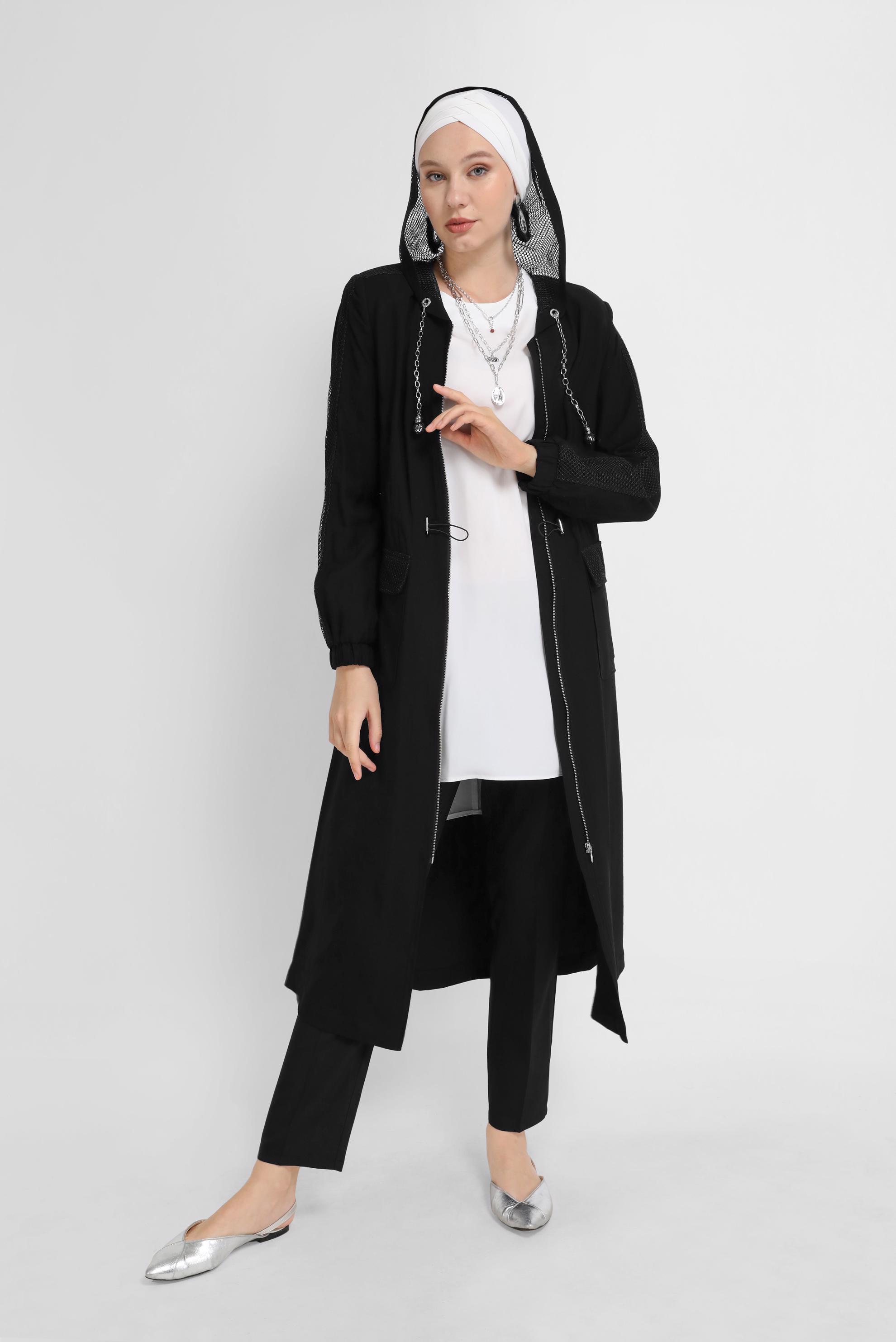 Tesettür giyim SİYAH FİLELİ FERMUARLI TRENÇKOT 10394 