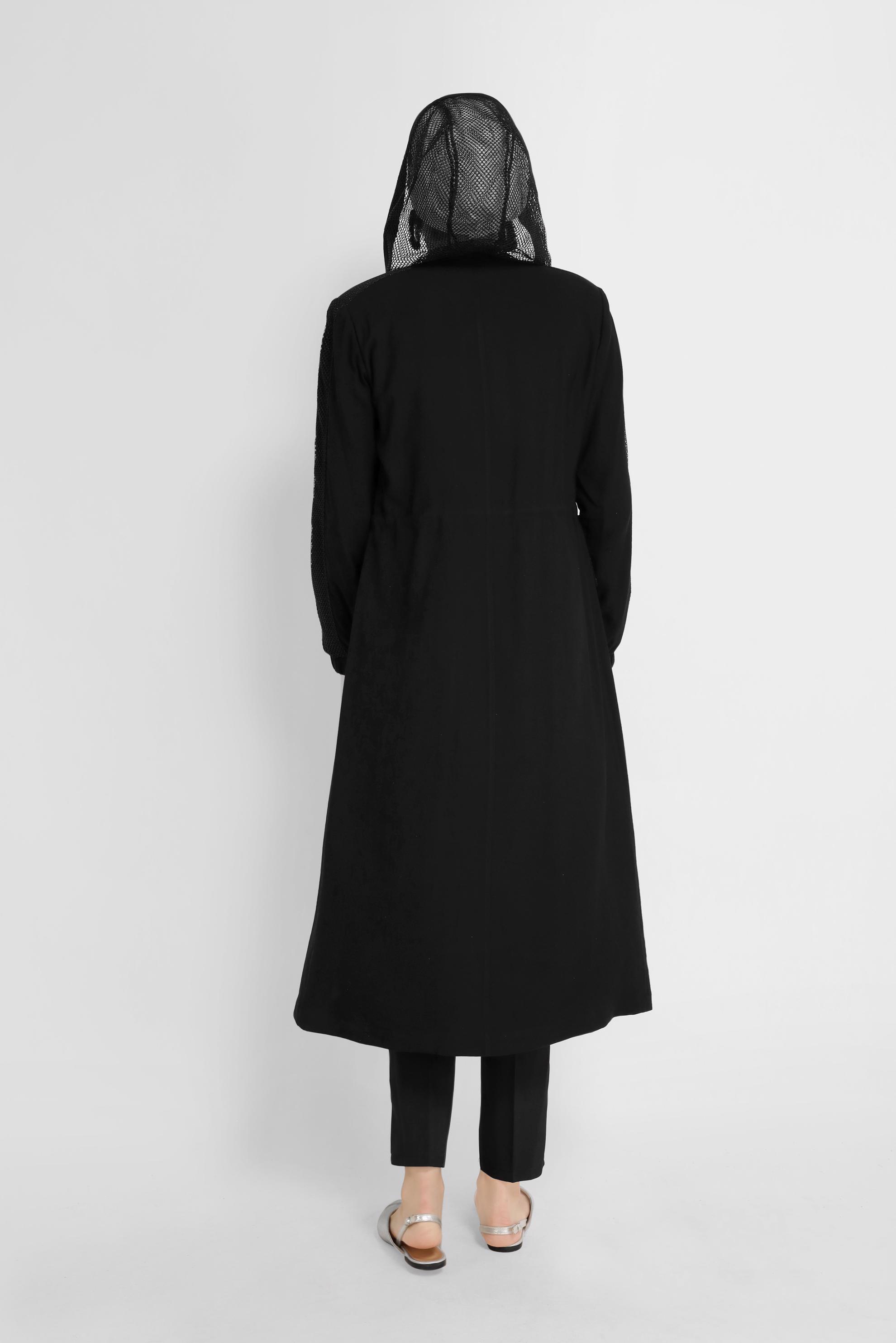 Tesettür giyim SİYAH FİLELİ FERMUARLI TRENÇKOT 10394 