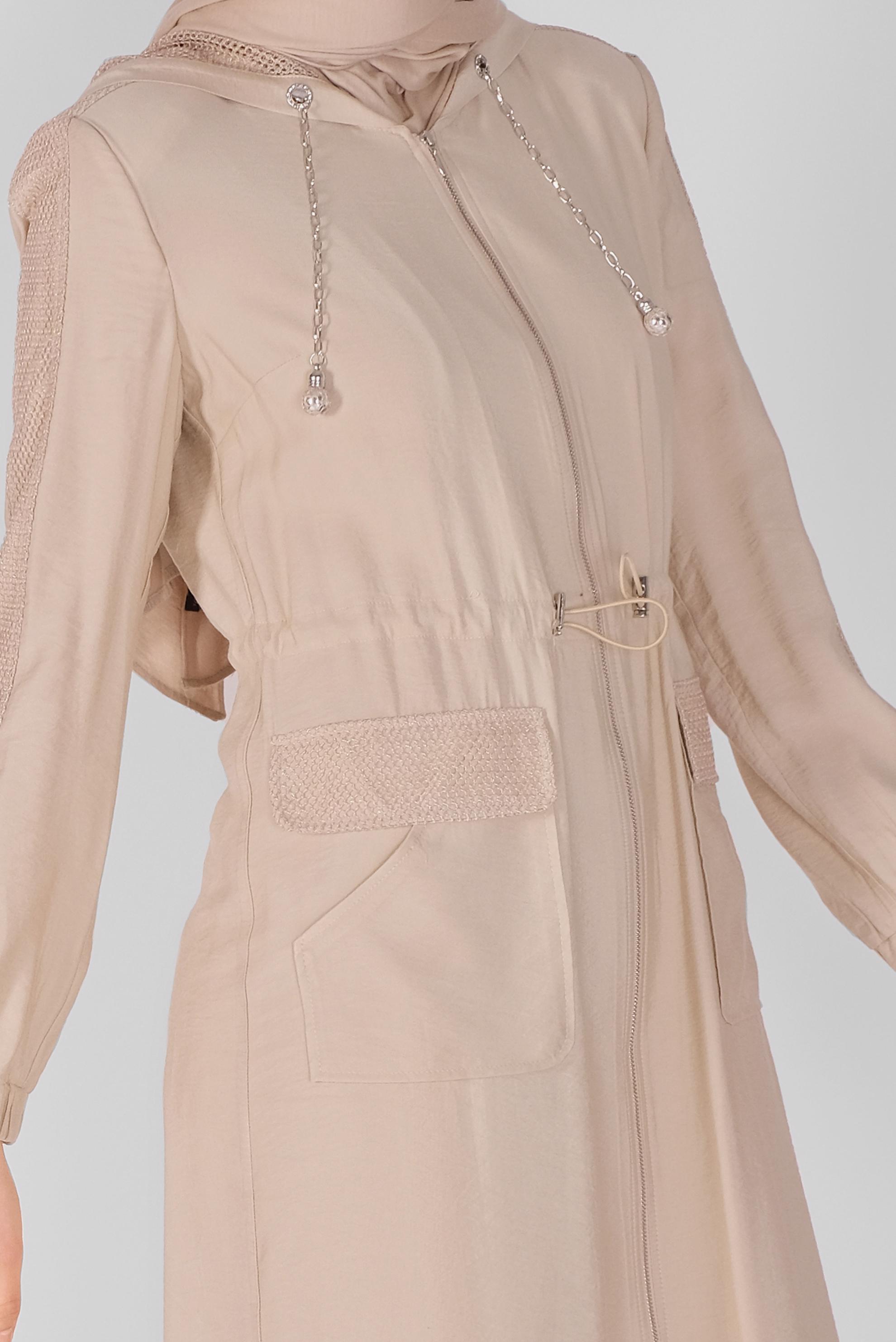 Tesettür giyim BEJ FİLELİ FERMUARLI TRENÇKOT 10394 