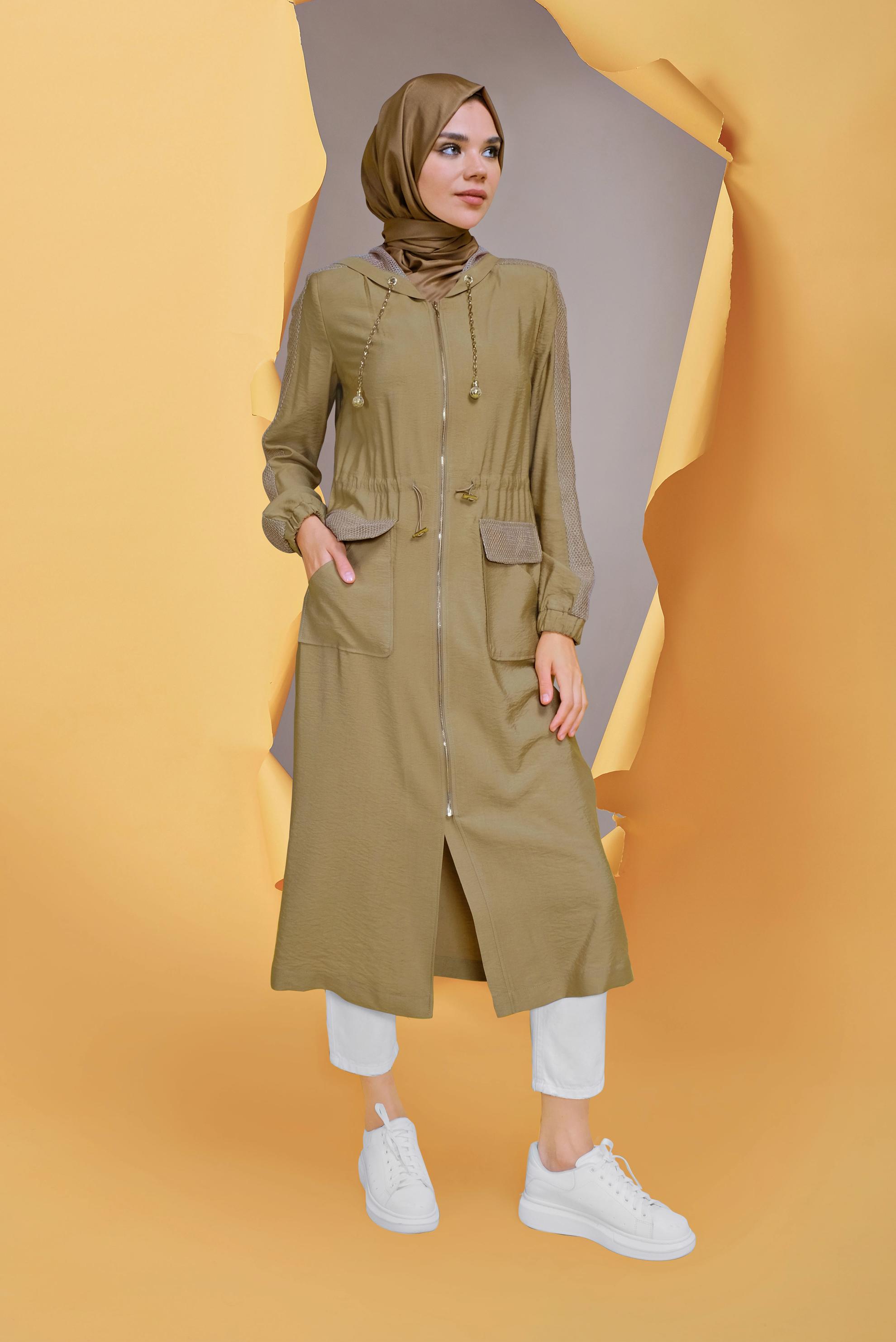 Tesettür giyim KAHVE FİLELİ FERMUARLI TRENÇKOT 10394 