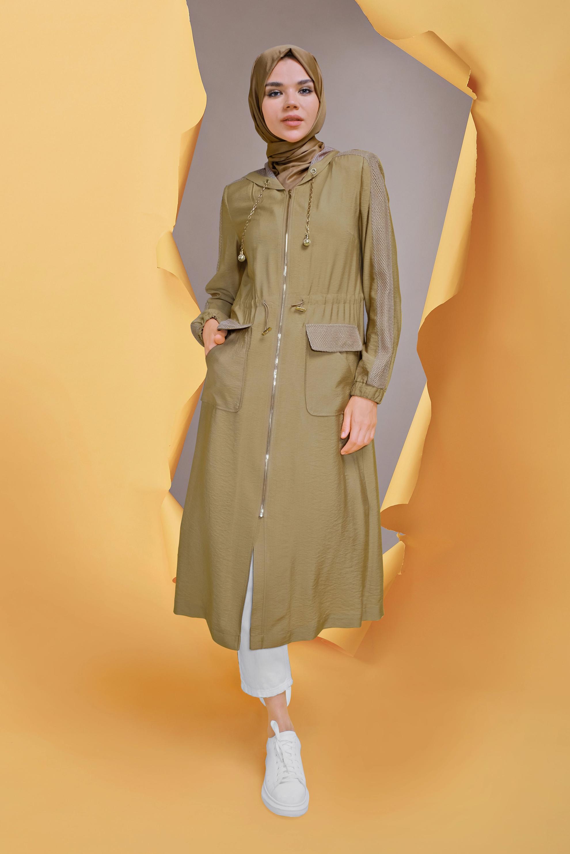 Tesettür giyim KAHVE FİLELİ FERMUARLI TRENÇKOT 10394 