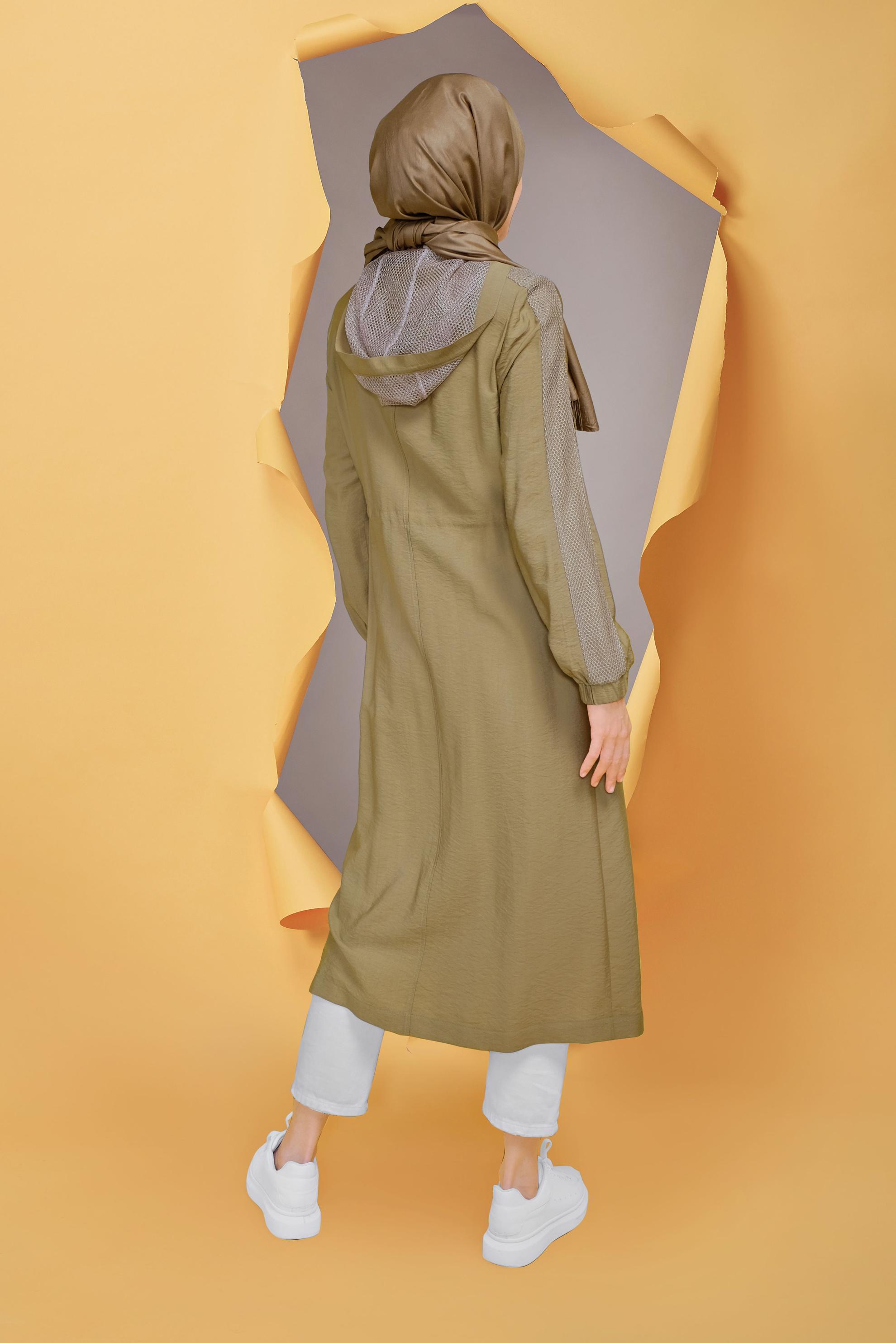 Tesettür giyim KAHVE FİLELİ FERMUARLI TRENÇKOT 10394 