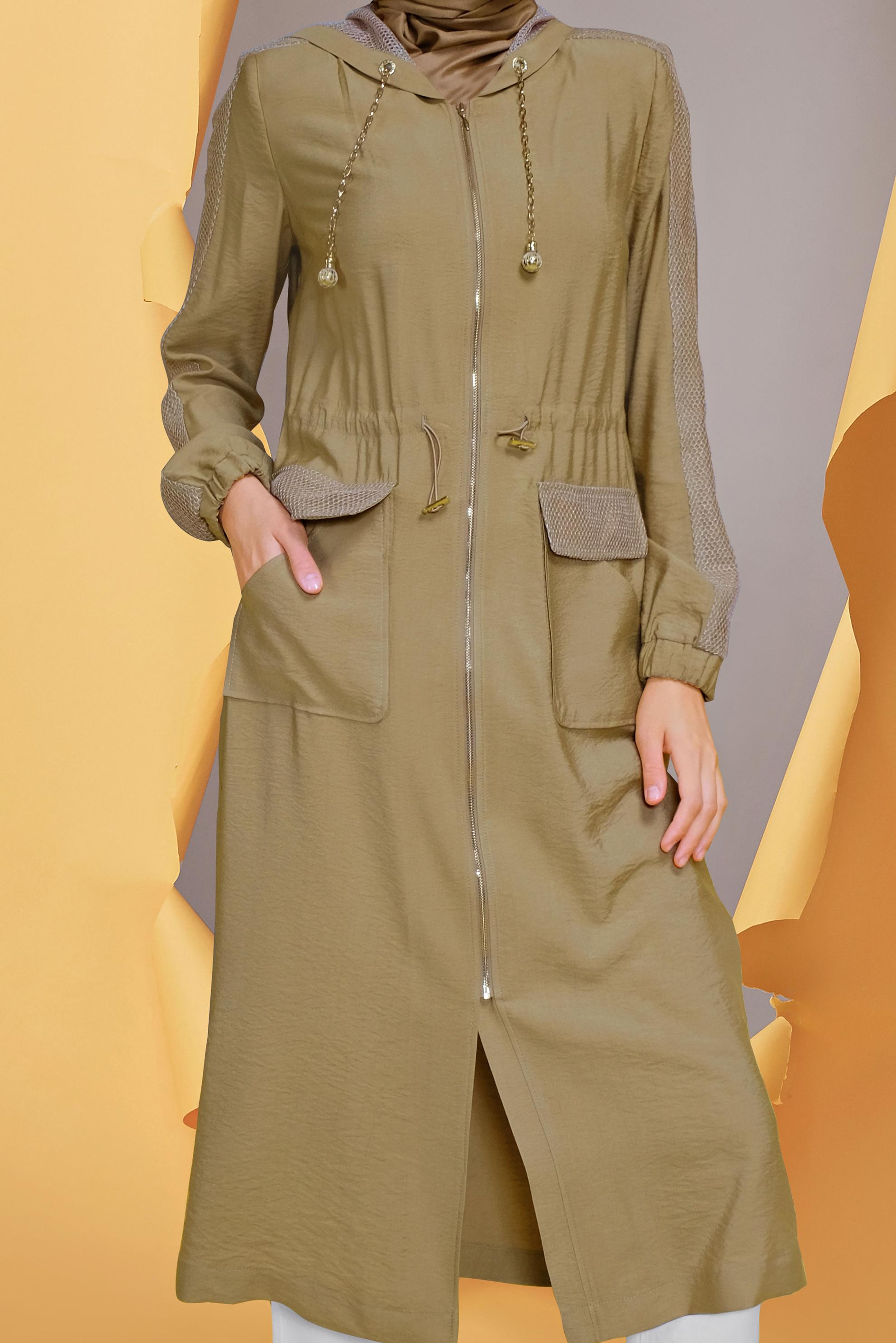 Tesettür giyim KAHVE FİLELİ FERMUARLI TRENÇKOT 10394 