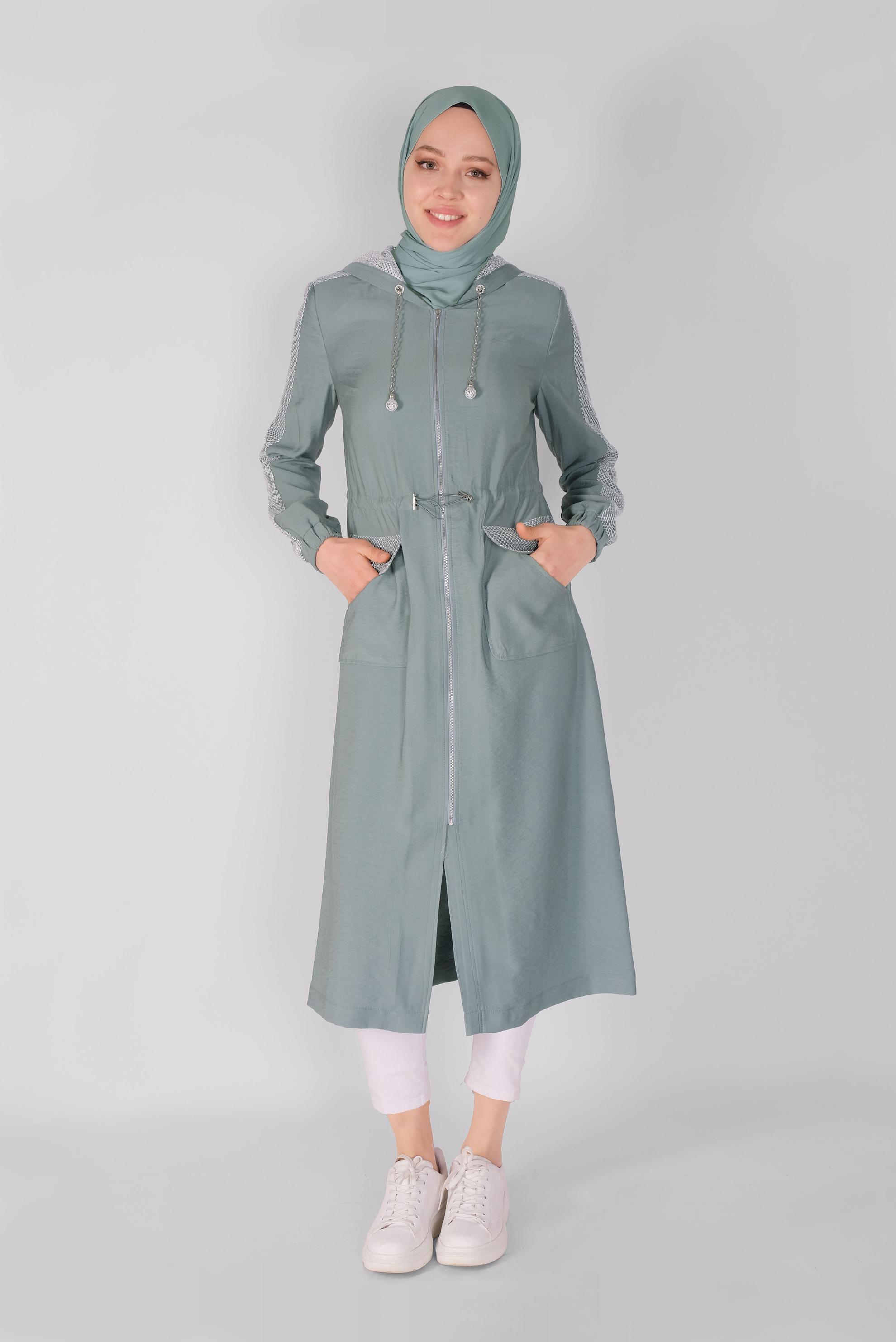 Tesettür giyim YEŞİL FİLELİ FERMUARLI TRENÇKOT 10394 