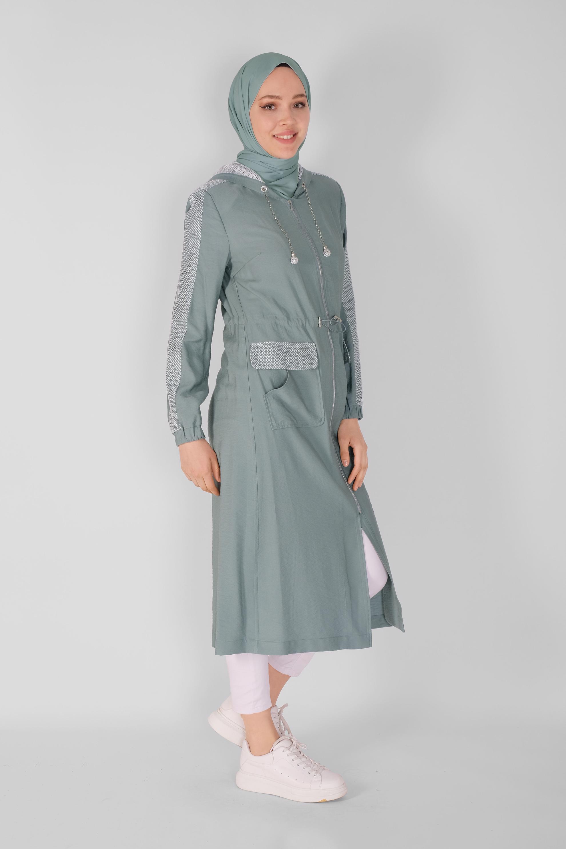 Tesettür giyim YEŞİL FİLELİ FERMUARLI TRENÇKOT 10394 