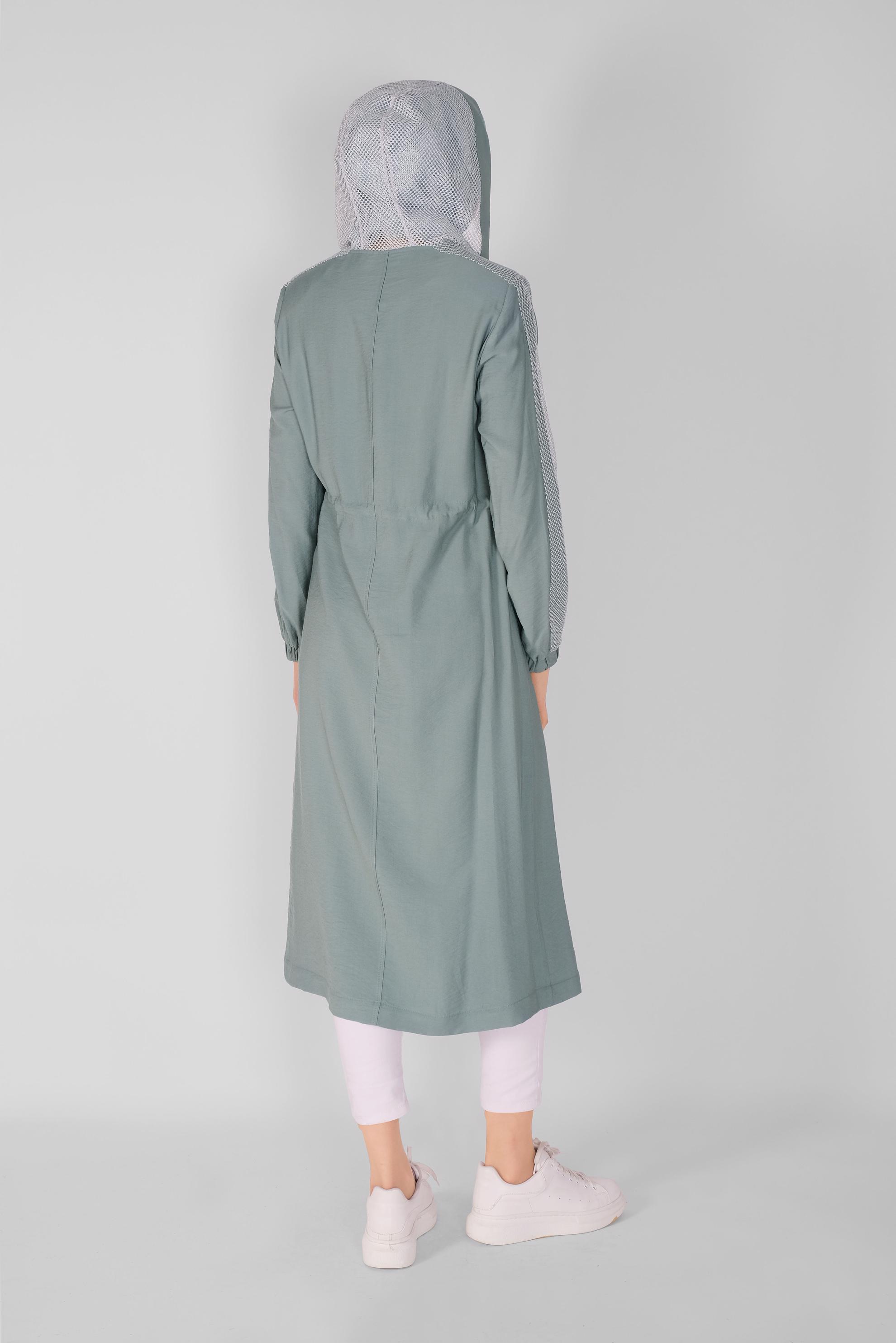 Tesettür giyim YEŞİL FİLELİ FERMUARLI TRENÇKOT 10394 