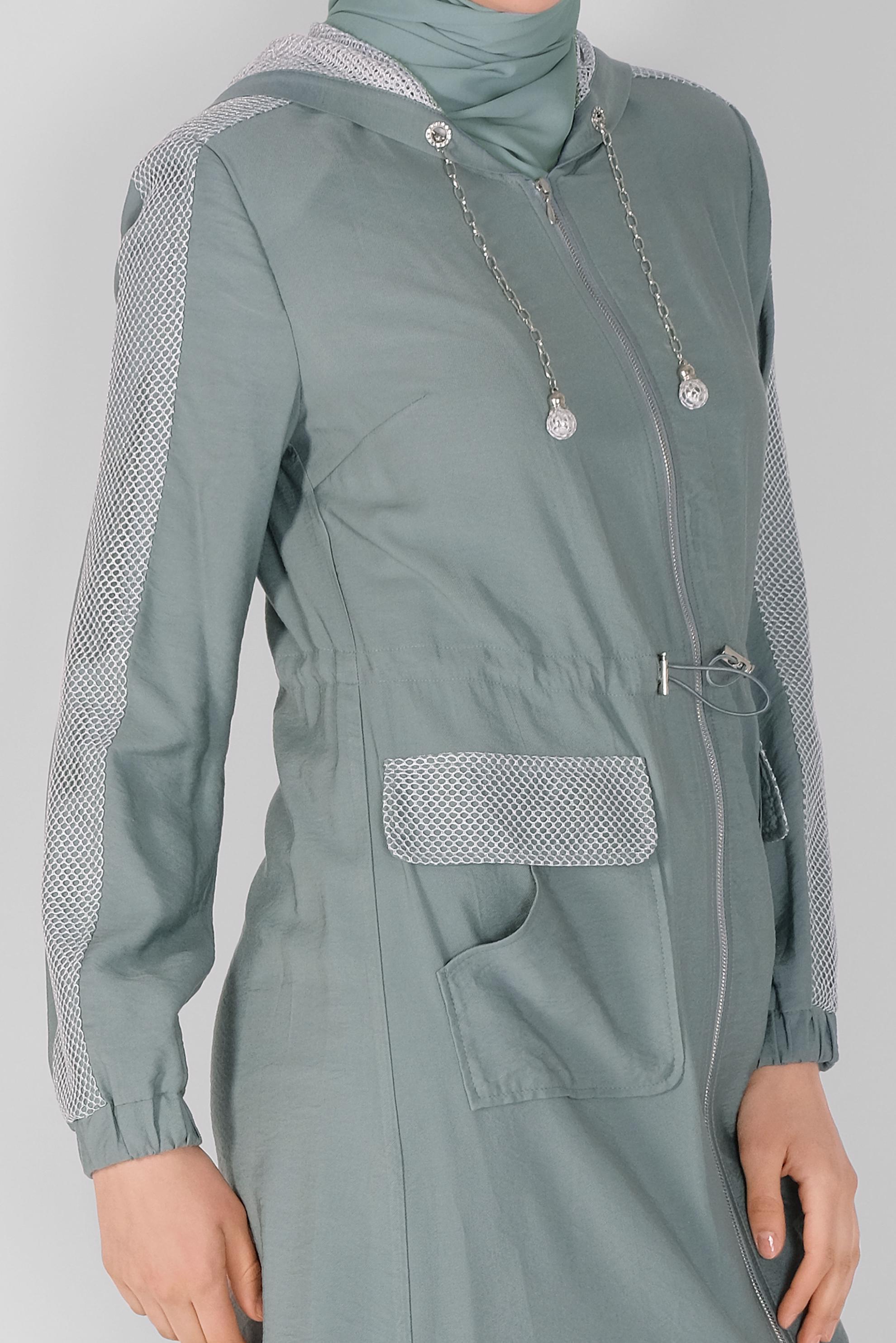 Tesettür giyim YEŞİL FİLELİ FERMUARLI TRENÇKOT 10394 