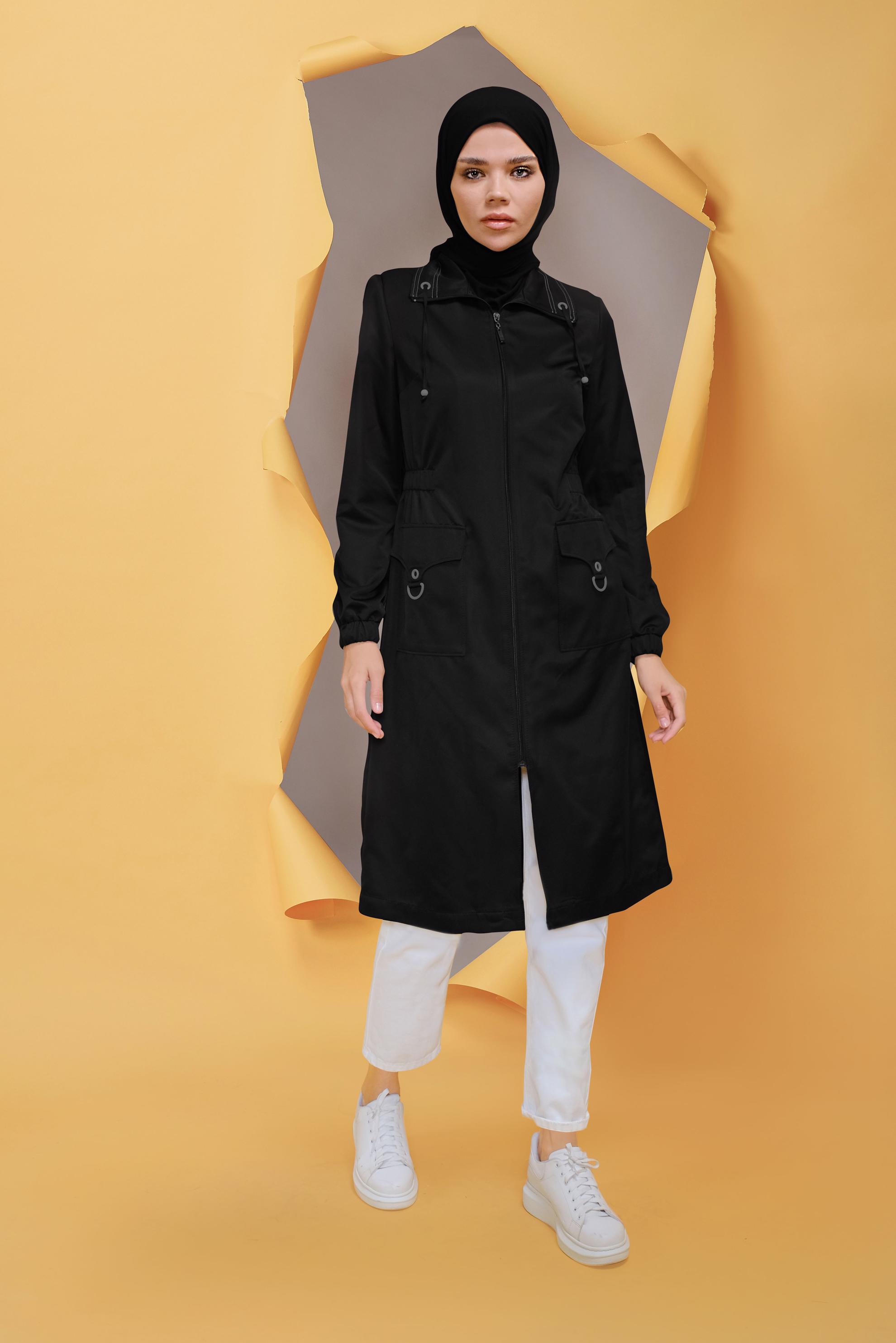 Tesettür giyim SİYAH CEPLERİ DETAYLI FERMUARLI TRENÇKOT 10396 