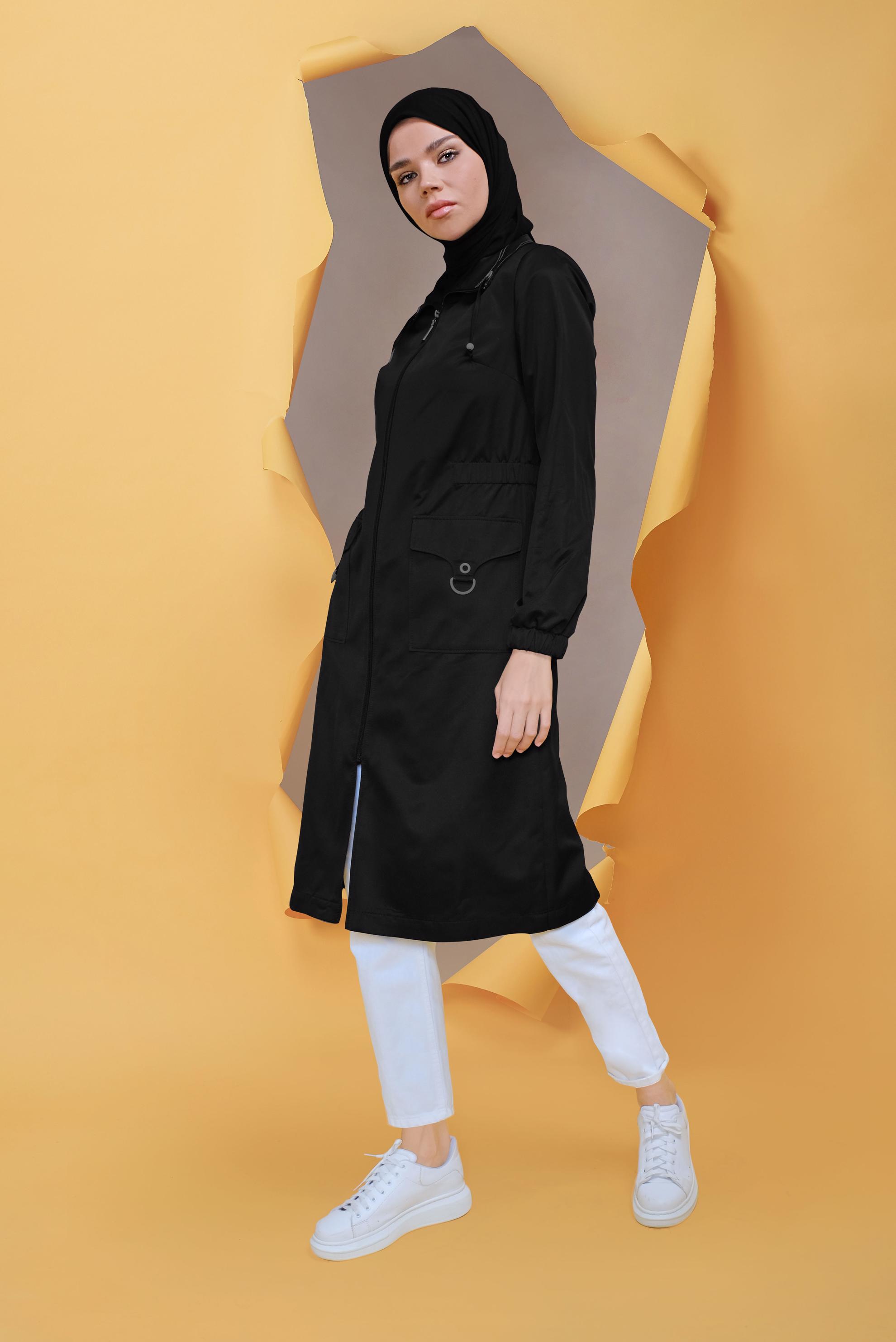 Tesettür giyim SİYAH CEPLERİ DETAYLI FERMUARLI TRENÇKOT 10396 