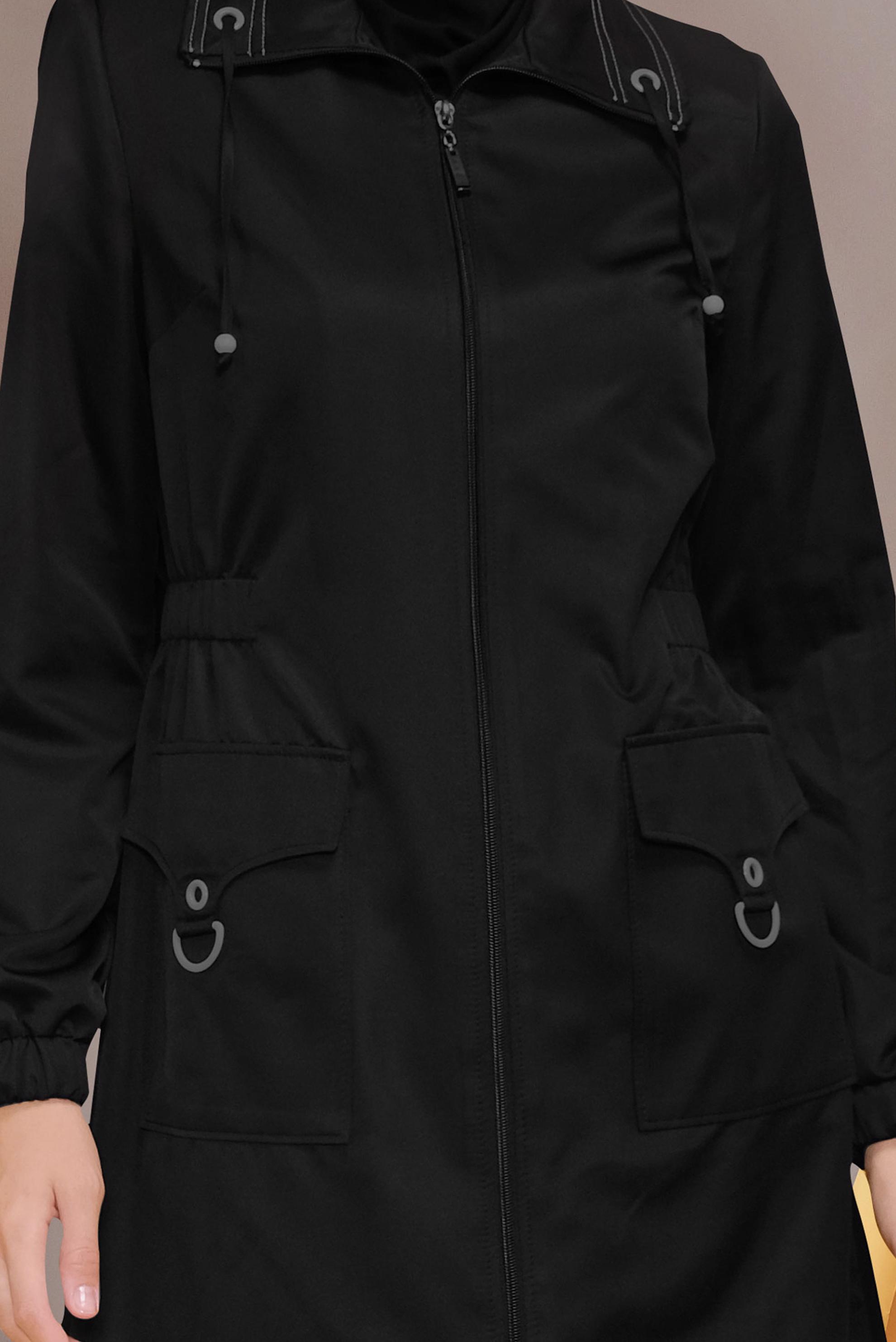 Tesettür giyim SİYAH CEPLERİ DETAYLI FERMUARLI TRENÇKOT 10396 