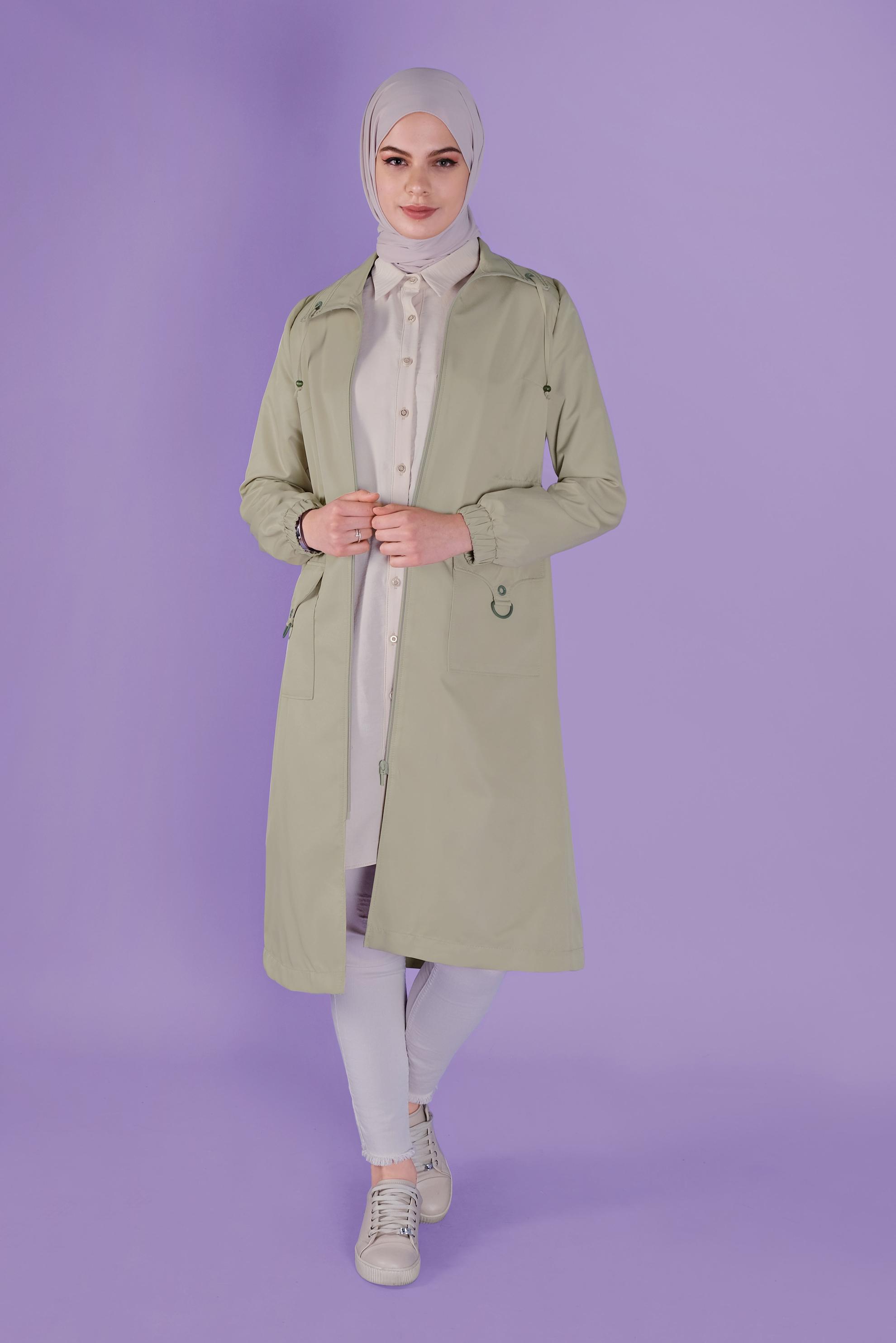 Tesettür giyim BEJ CEPLERİ DETAYLI FERMUARLI TRENÇKOT 10396 