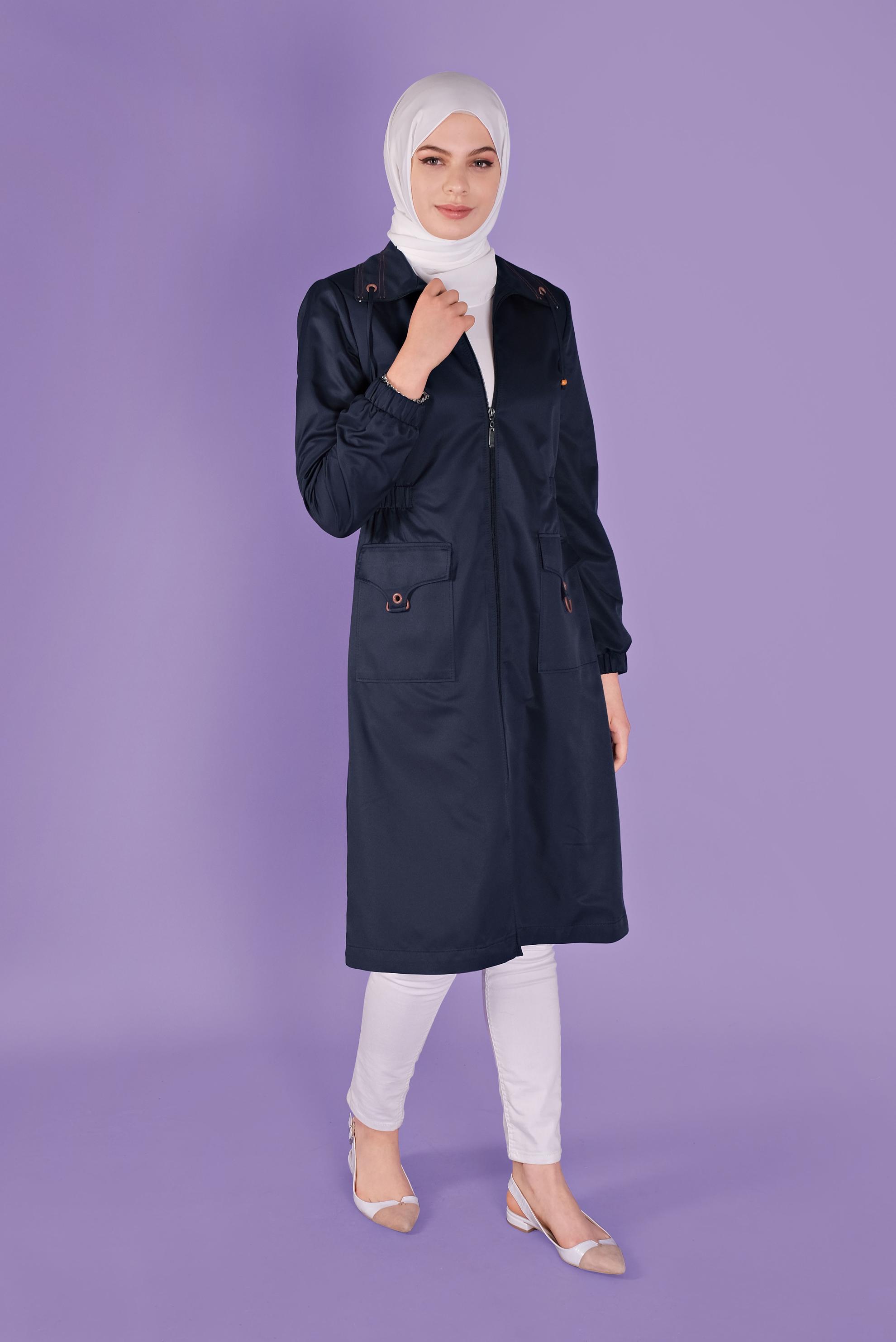 Tesettür giyim LACİVERT CEPLERİ DETAYLI FERMUARLI TRENÇKOT 10396 