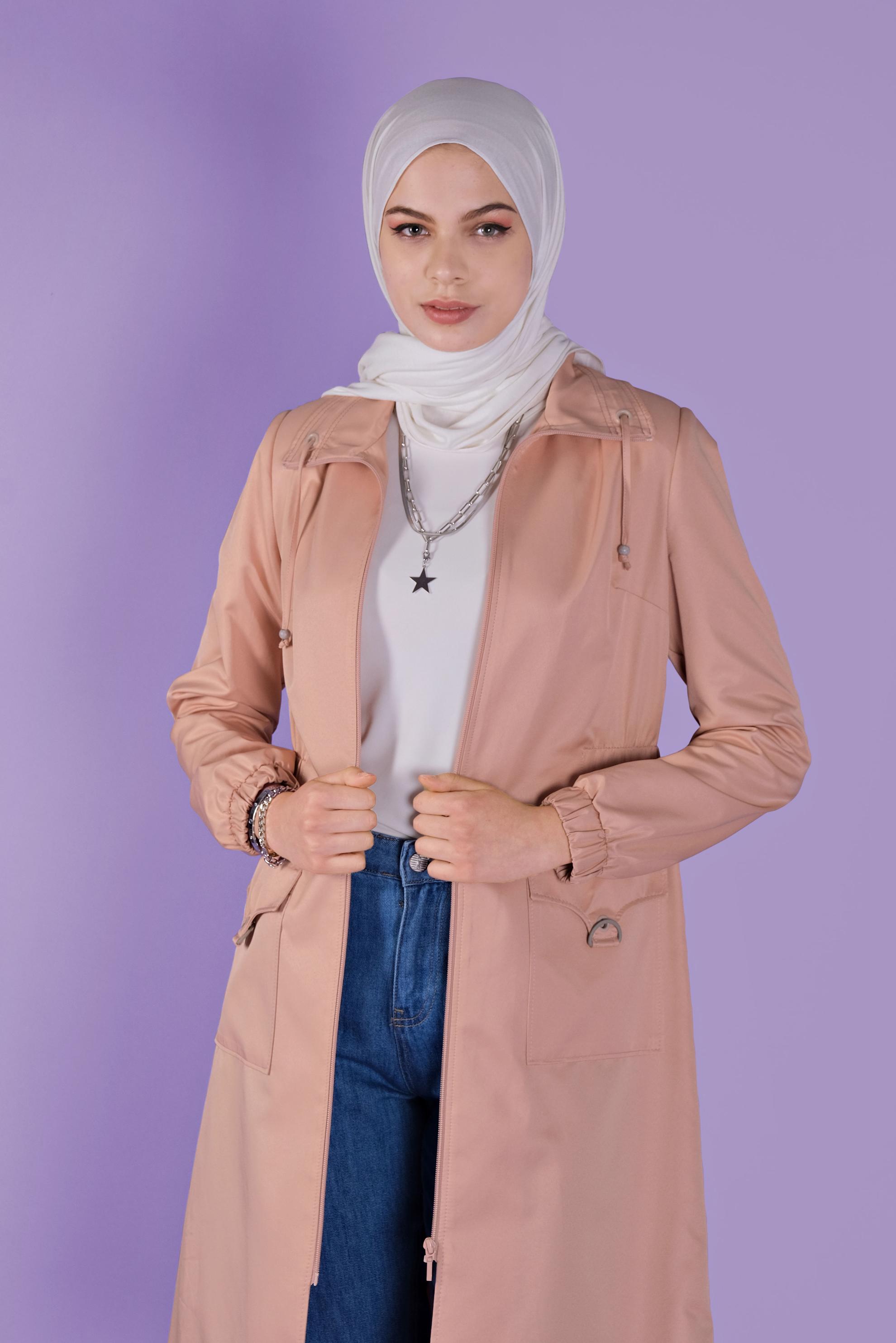 Tesettür giyim PUDRA CEPLERİ DETAYLI FERMUARLI TRENÇKOT 10396 