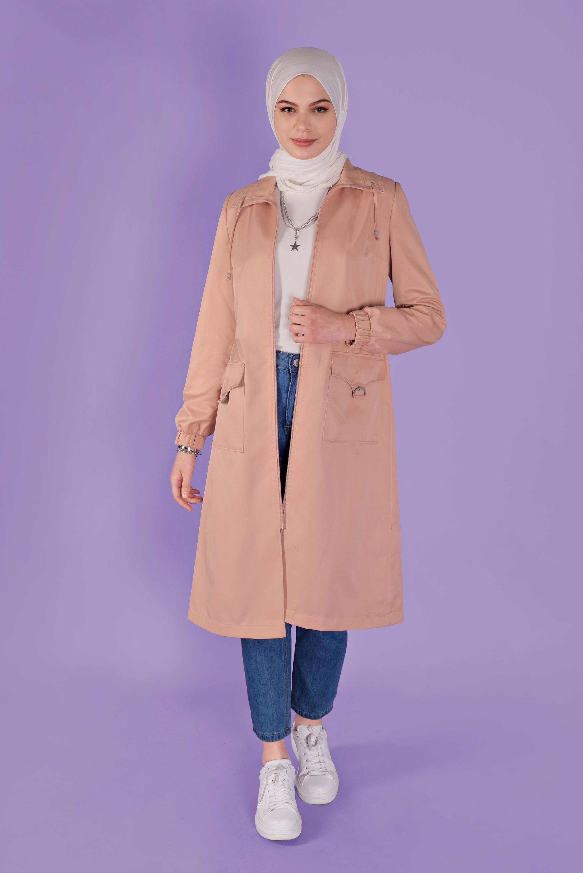 Tesettür giyim PUDRA CEPLERİ DETAYLI FERMUARLI TRENÇKOT 10396 