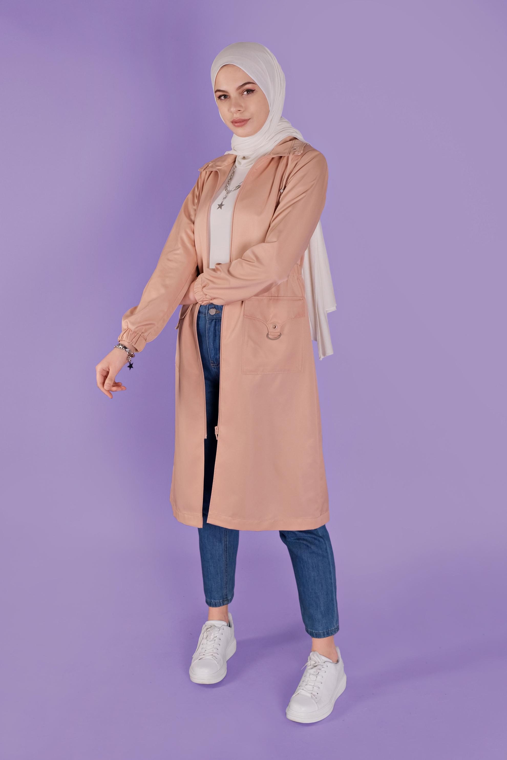 Tesettür giyim PUDRA CEPLERİ DETAYLI FERMUARLI TRENÇKOT 10396 