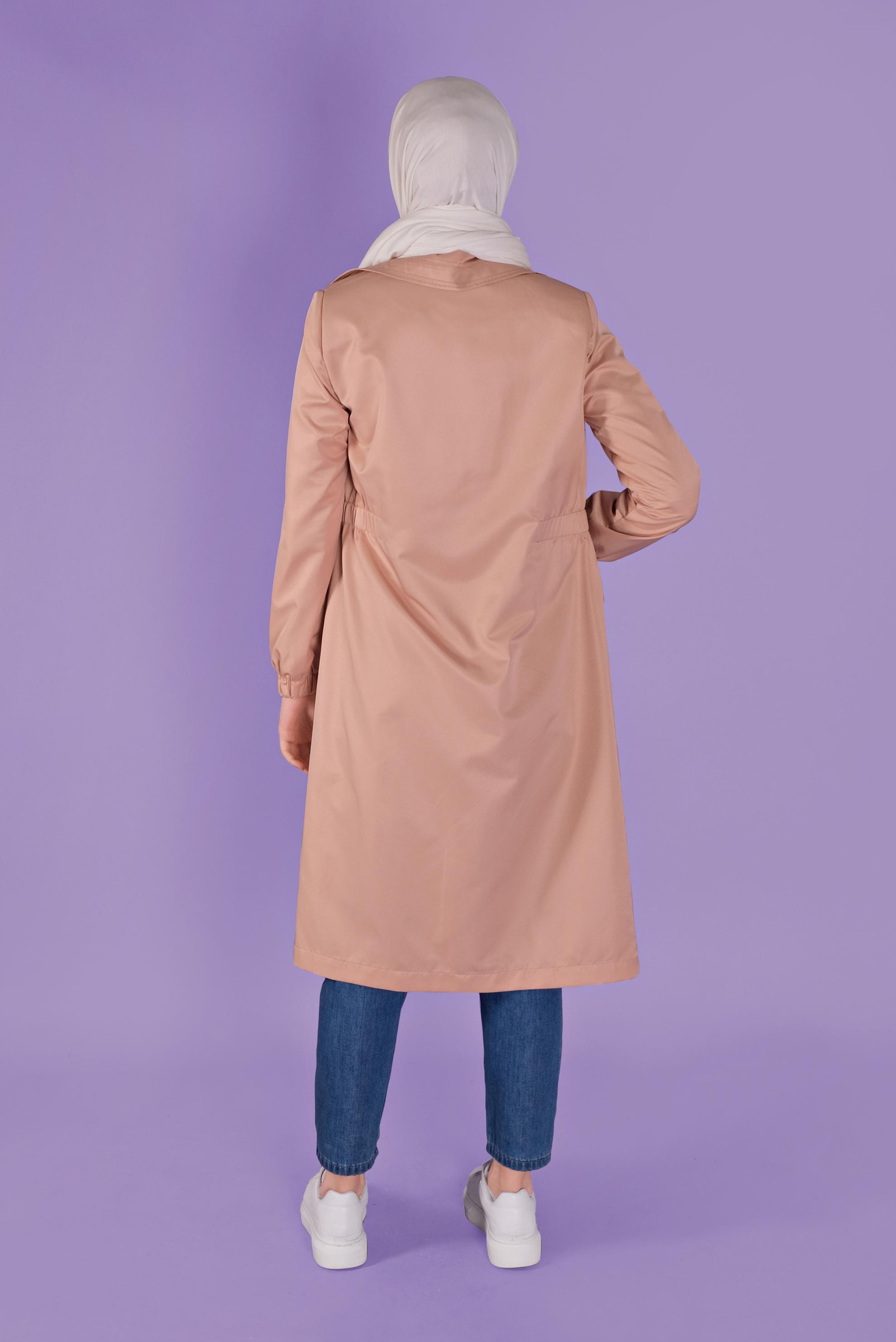 Tesettür giyim PUDRA CEPLERİ DETAYLI FERMUARLI TRENÇKOT 10396 