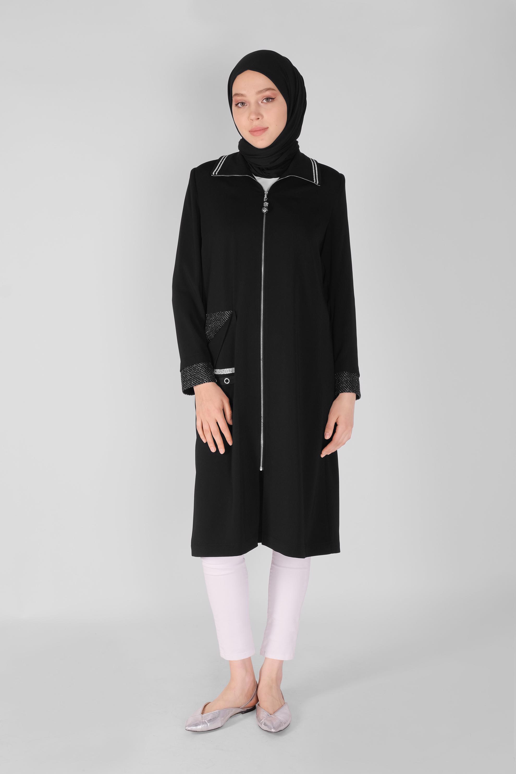 Tesettür giyim SİYAH FERMUARLI TRENÇKOT 10397