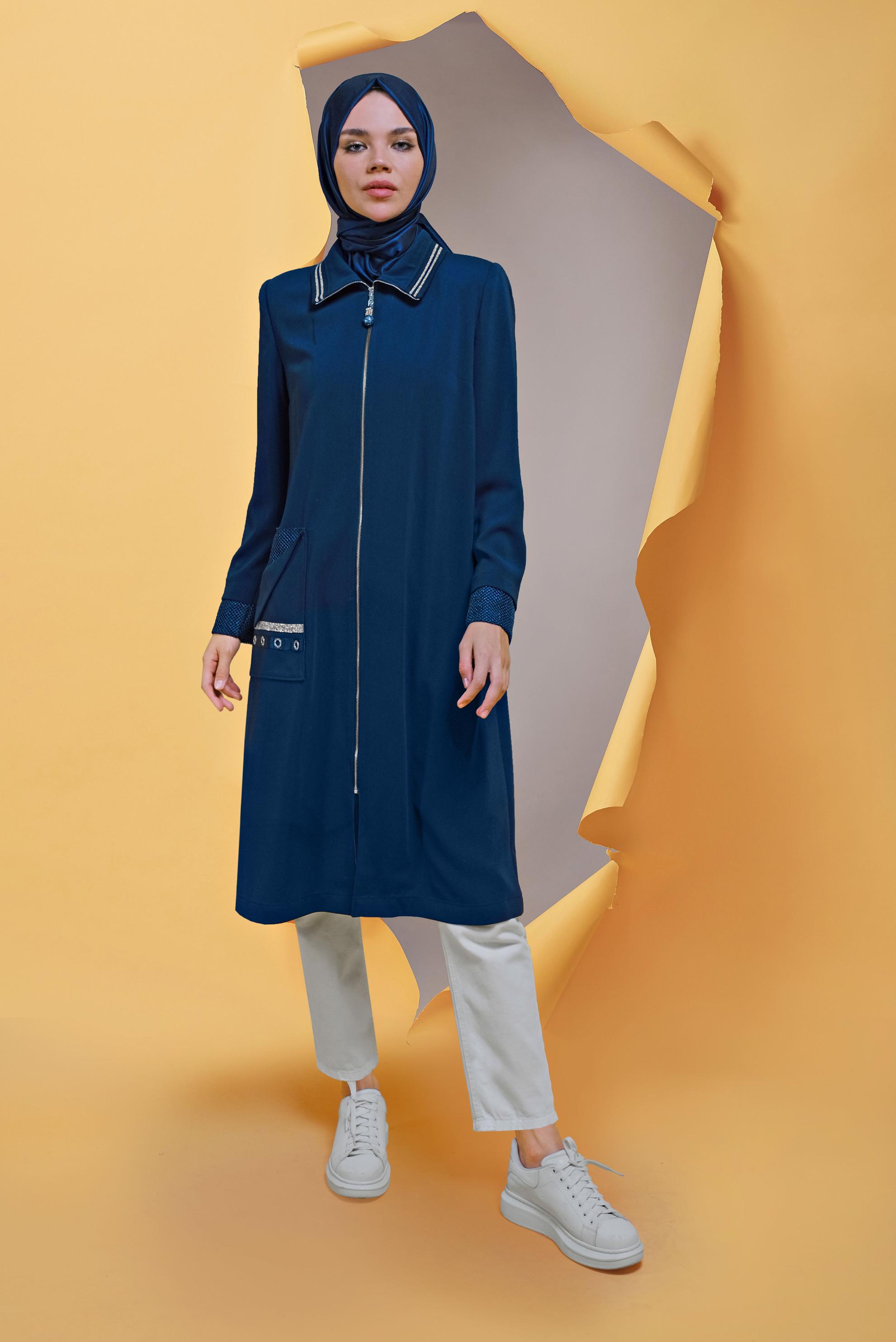 Tesettür giyim LACİVERT FERMUARLI TRENÇKOT 10397