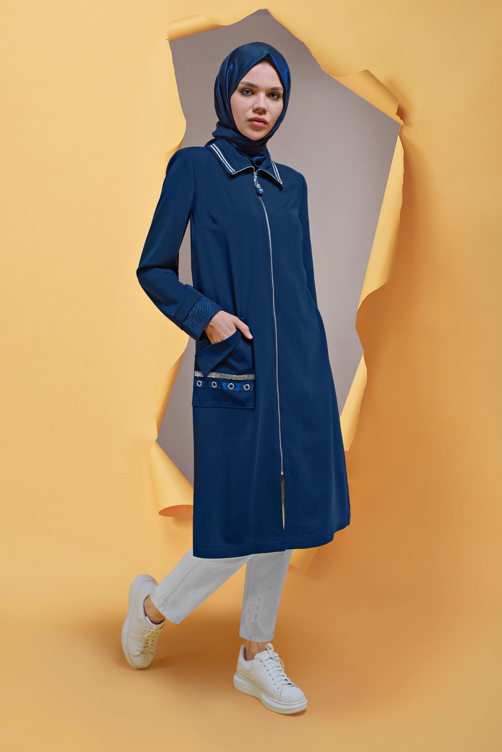 Tesettür giyim LACİVERT FERMUARLI TRENÇKOT 10397