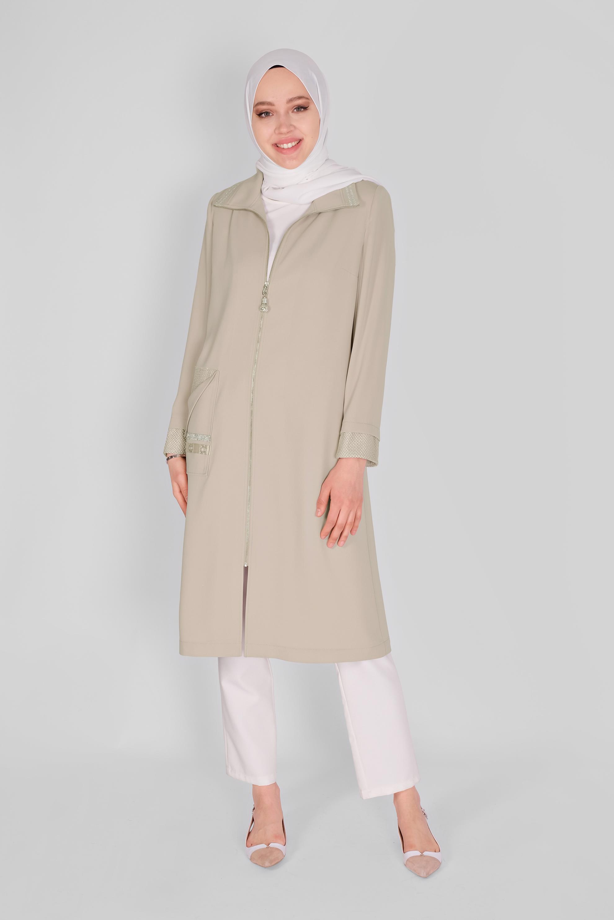 Tesettür giyim BEJ FERMUARLI TRENÇKOT 10397