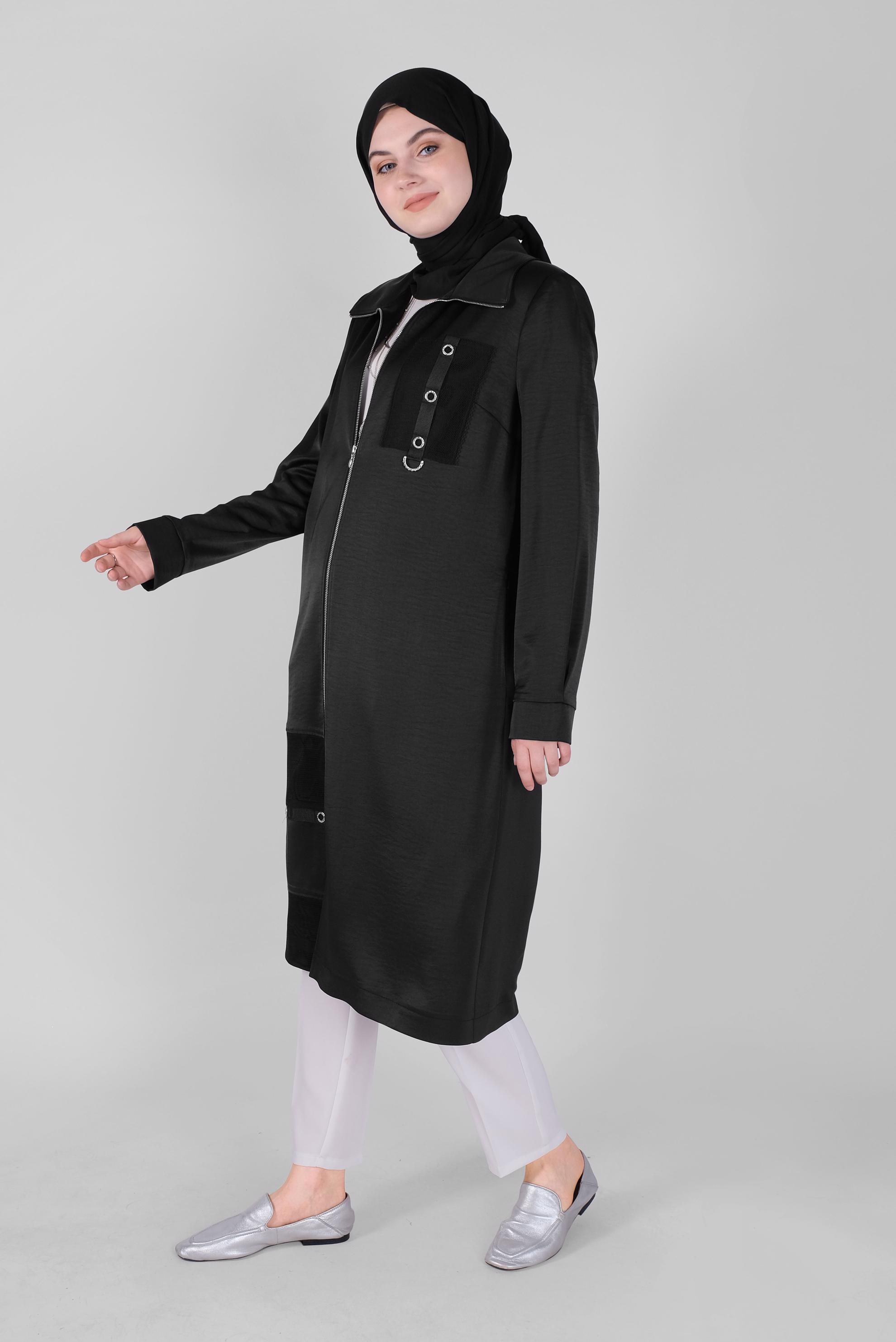 Tesettür giyim SİYAH KUŞ GÖZÜ DETAYLI FİLELİ TRENÇKOT 10404 