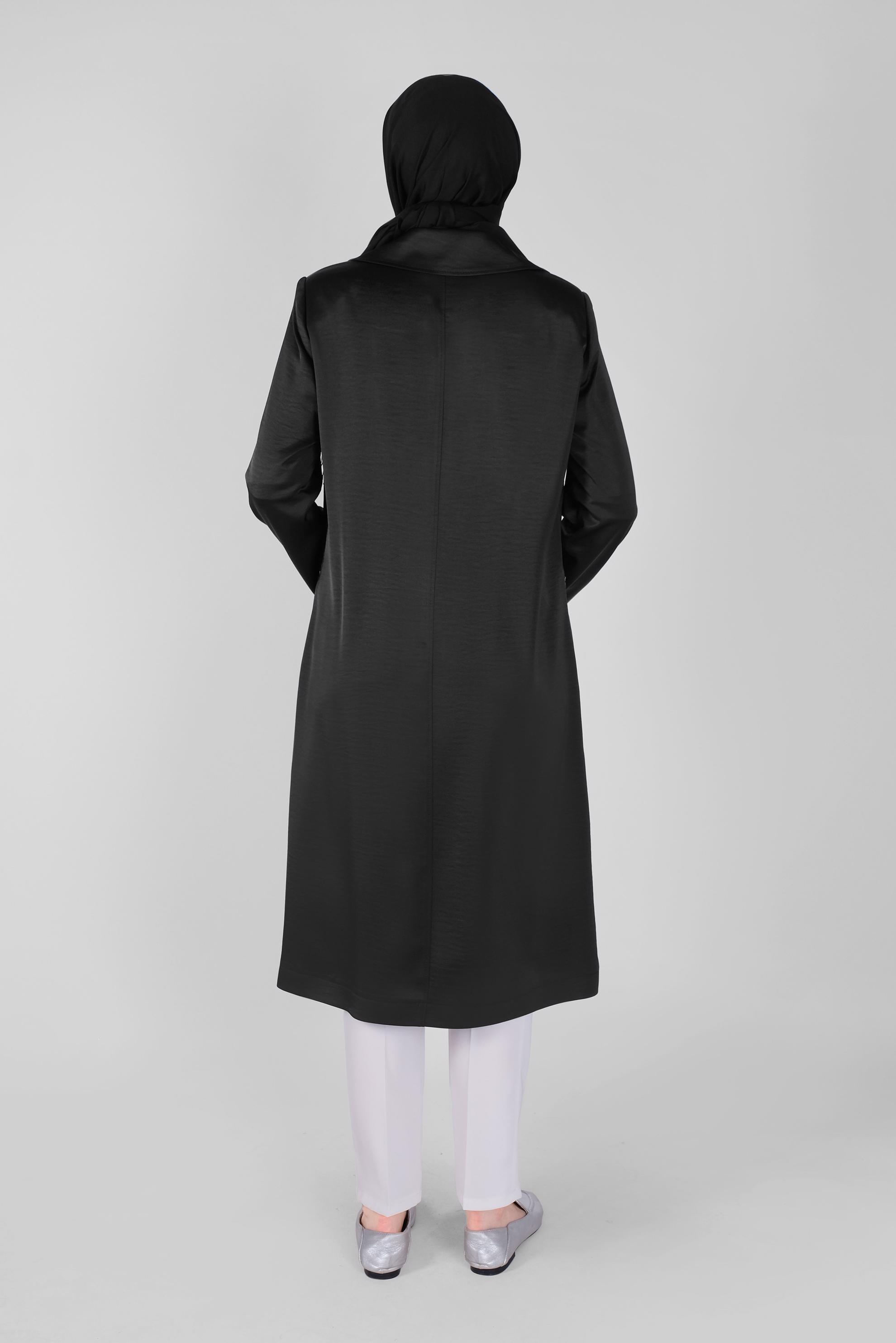 Tesettür giyim SİYAH KUŞ GÖZÜ DETAYLI FİLELİ TRENÇKOT 10404 