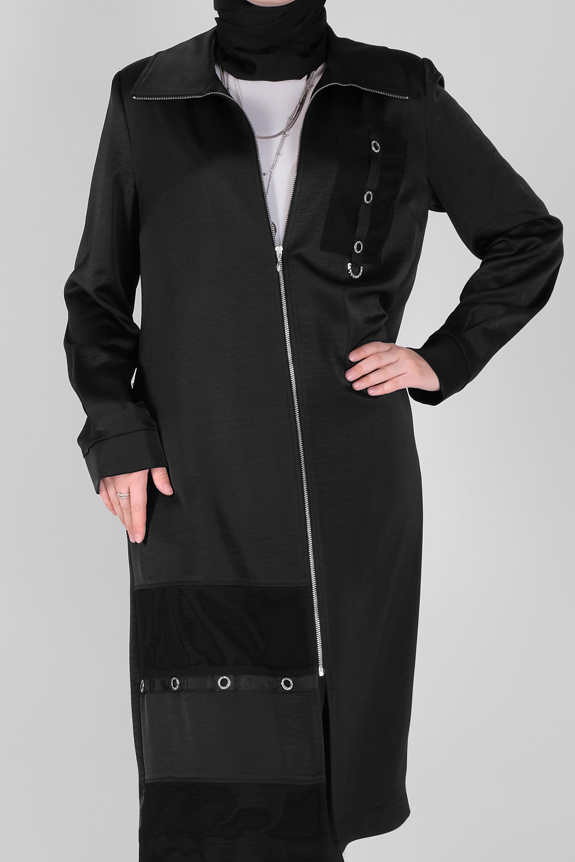 Tesettür giyim SİYAH KUŞ GÖZÜ DETAYLI FİLELİ TRENÇKOT 10404 