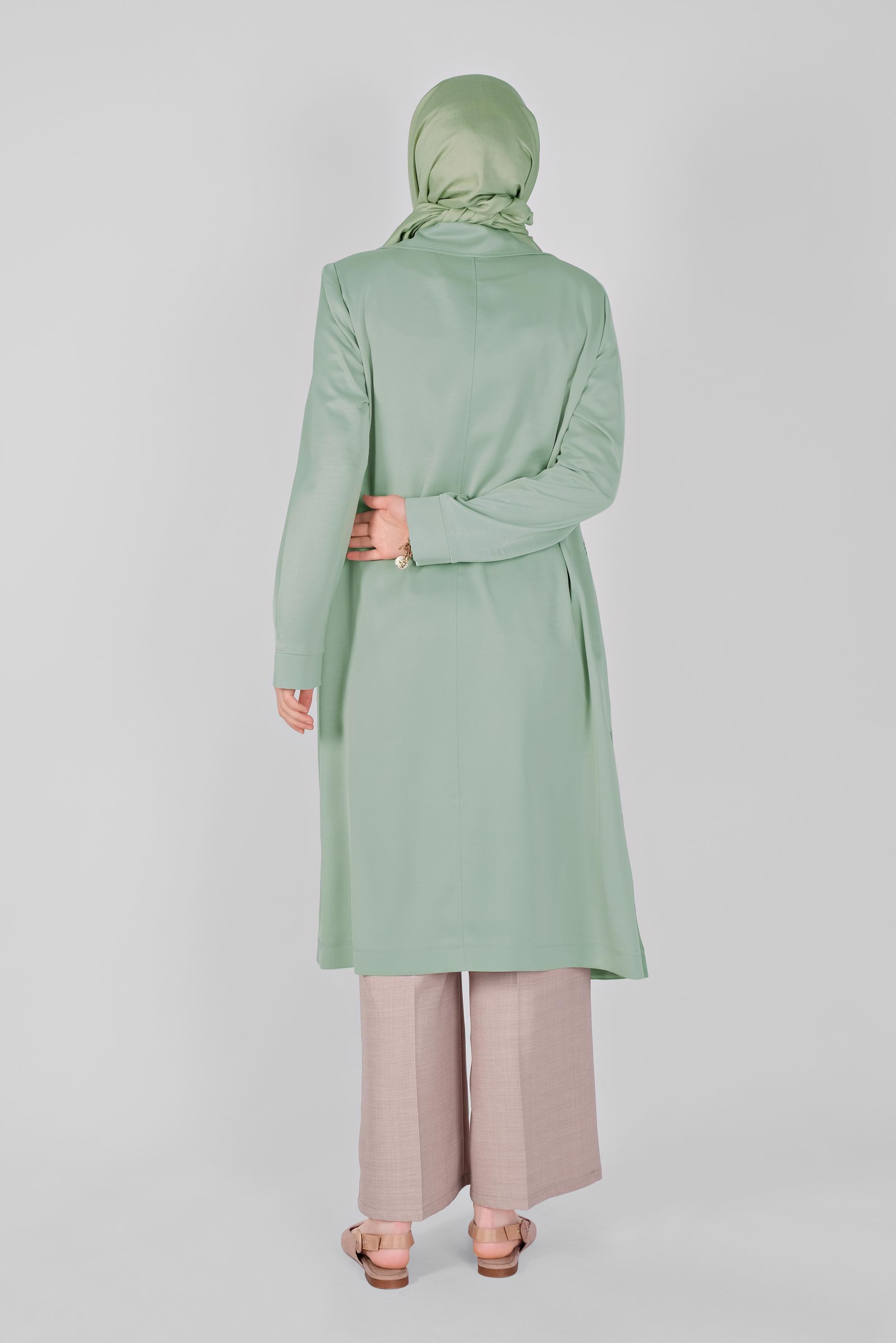 Tesettür giyim YEŞİL KUŞ GÖZÜ DETAYLI FİLELİ TRENÇKOT 10404 