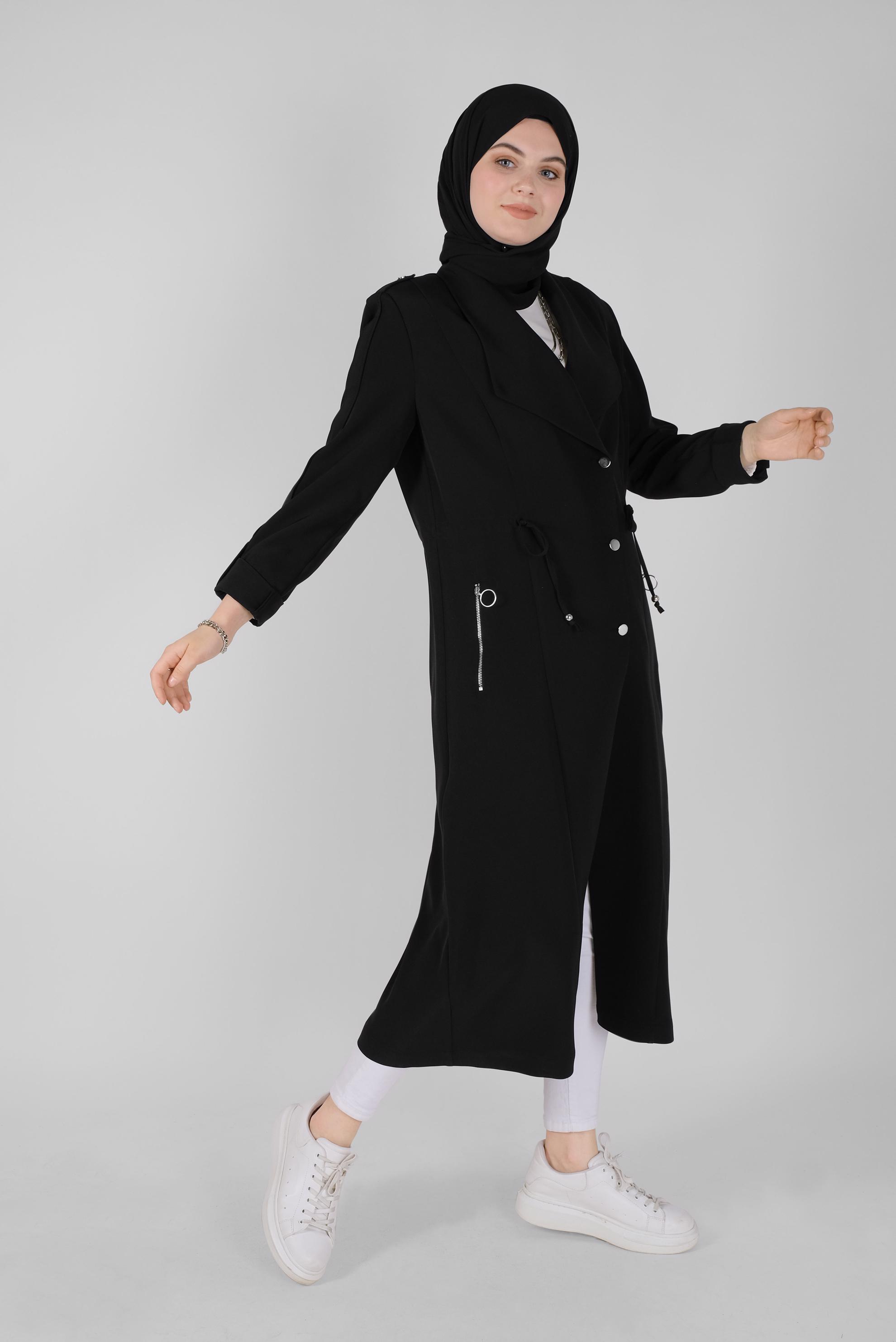Tesettür giyim SİYAH BELİ BÜZGÜLÜ TRENÇKOT 10405 