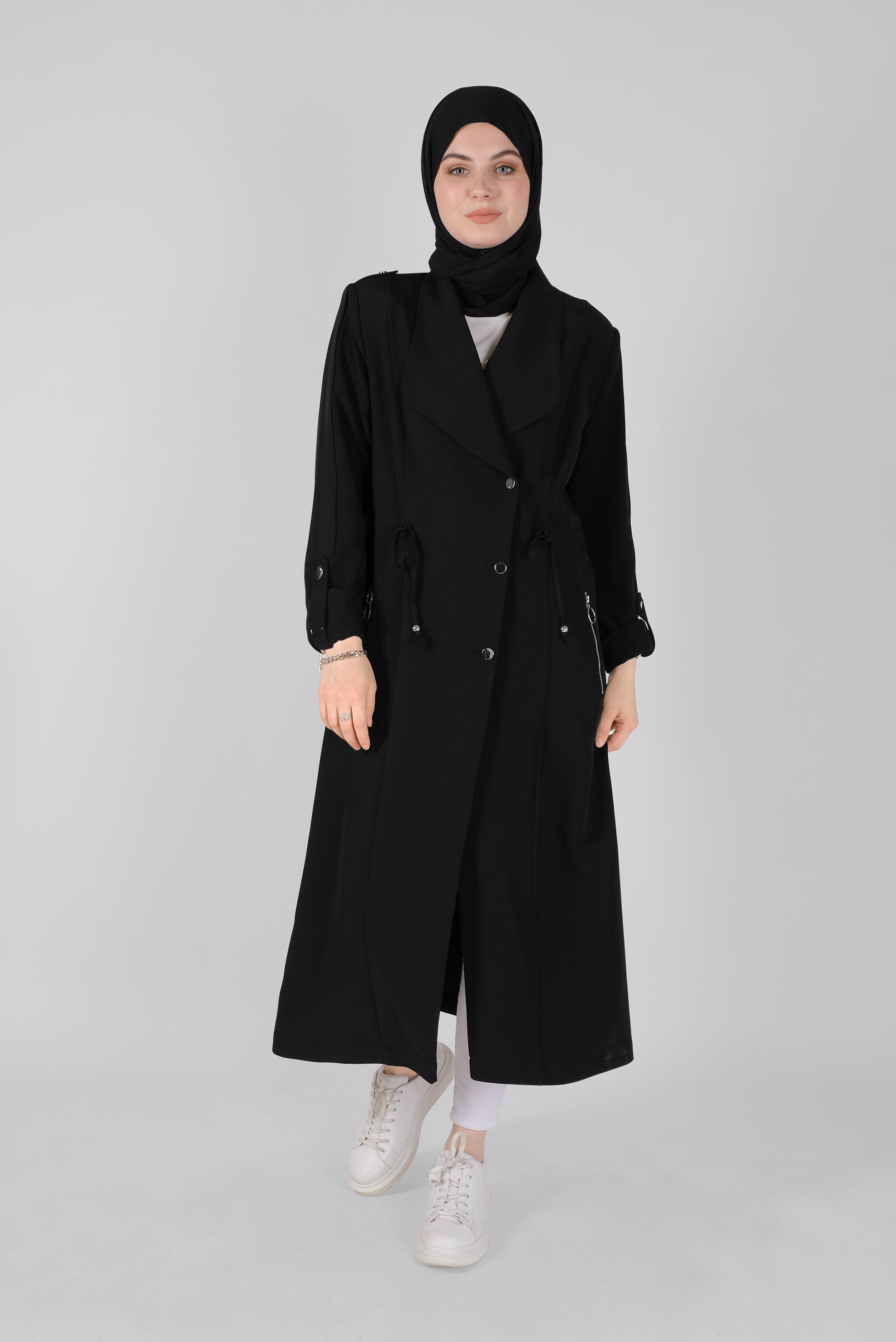 Tesettür giyim SİYAH BELİ BÜZGÜLÜ TRENÇKOT 10405 