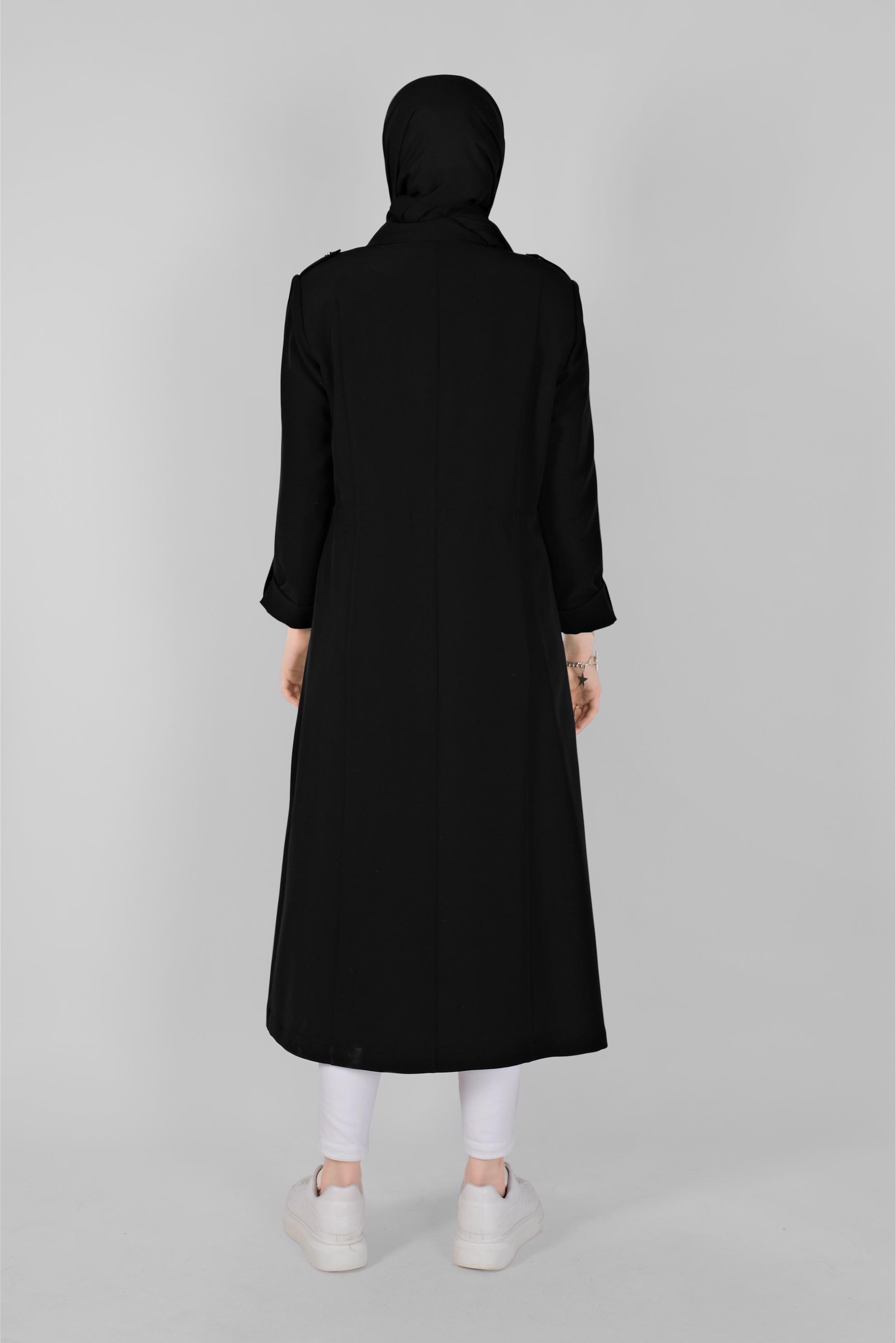 Tesettür giyim SİYAH BELİ BÜZGÜLÜ TRENÇKOT 10405 