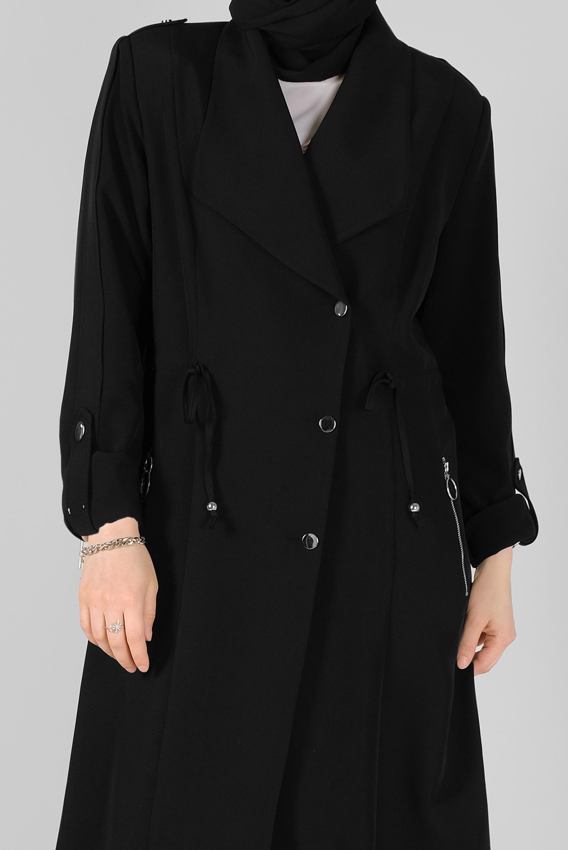 Tesettür giyim SİYAH BELİ BÜZGÜLÜ TRENÇKOT 10405 