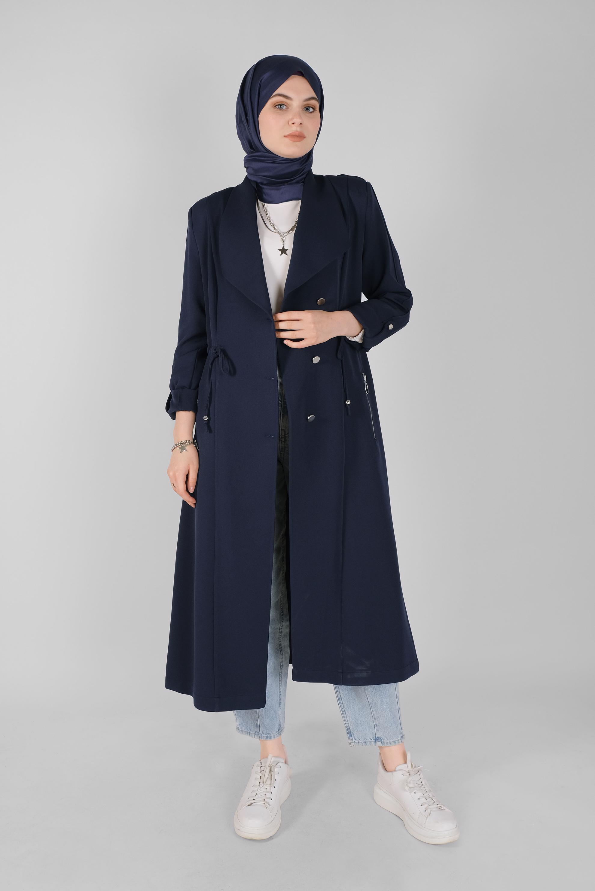 Tesettür giyim LACİVERT BELİ BÜZGÜLÜ TRENÇKOT 10405 