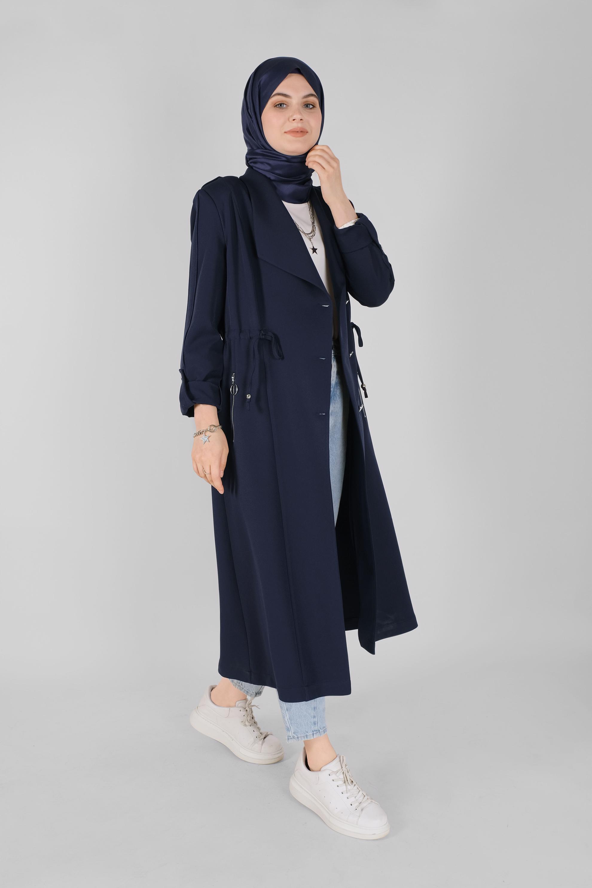Tesettür giyim LACİVERT BELİ BÜZGÜLÜ TRENÇKOT 10405 