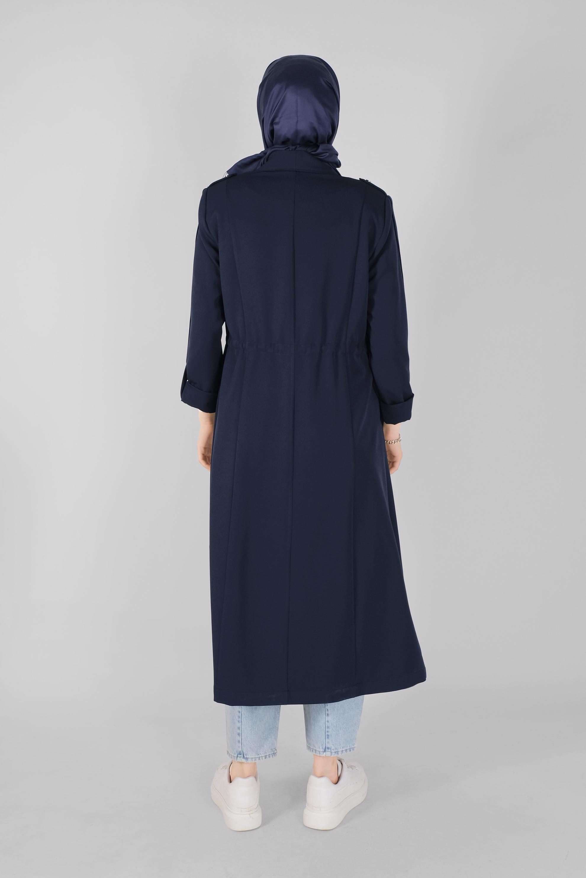 Tesettür giyim LACİVERT BELİ BÜZGÜLÜ TRENÇKOT 10405 