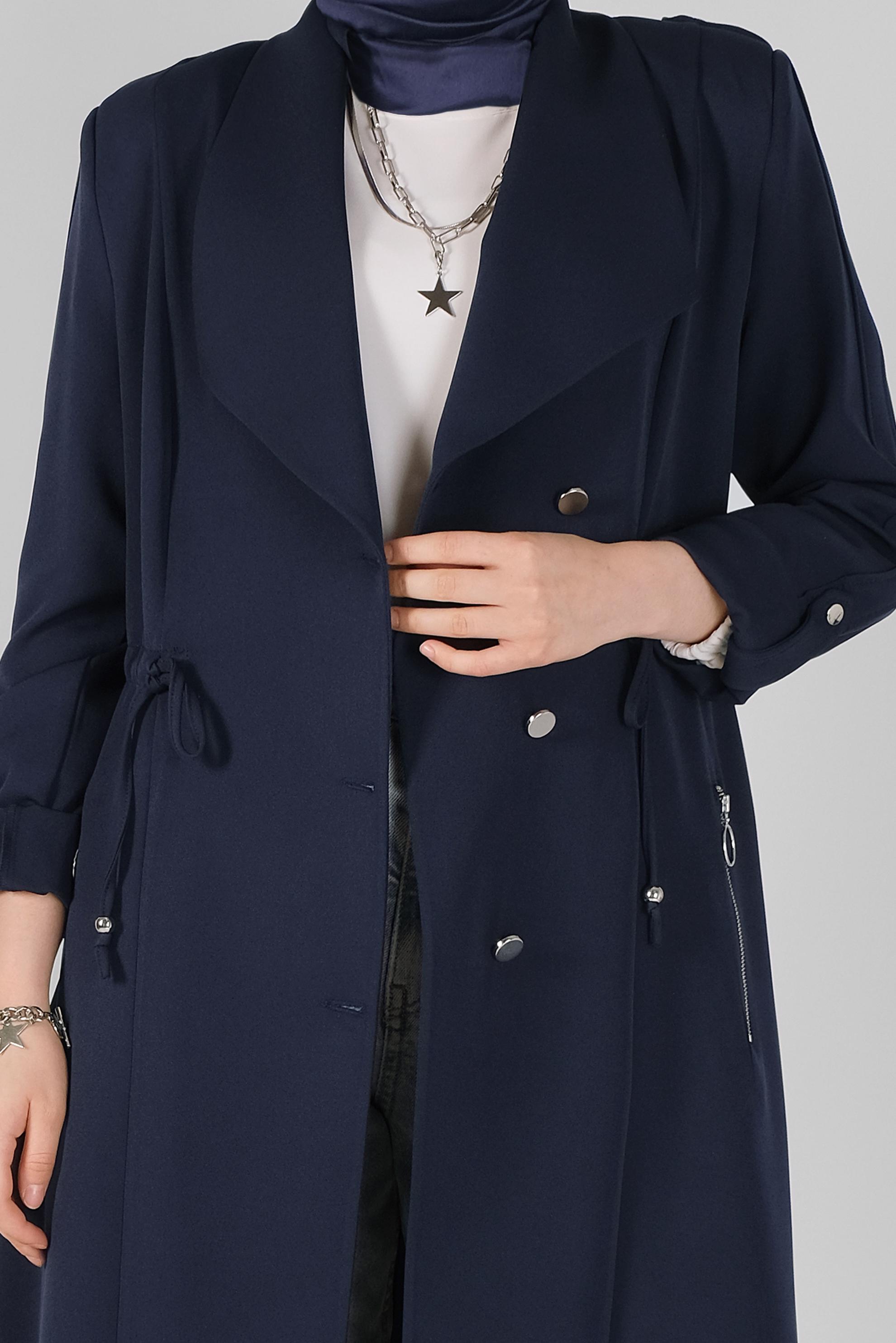 Tesettür giyim LACİVERT BELİ BÜZGÜLÜ TRENÇKOT 10405 