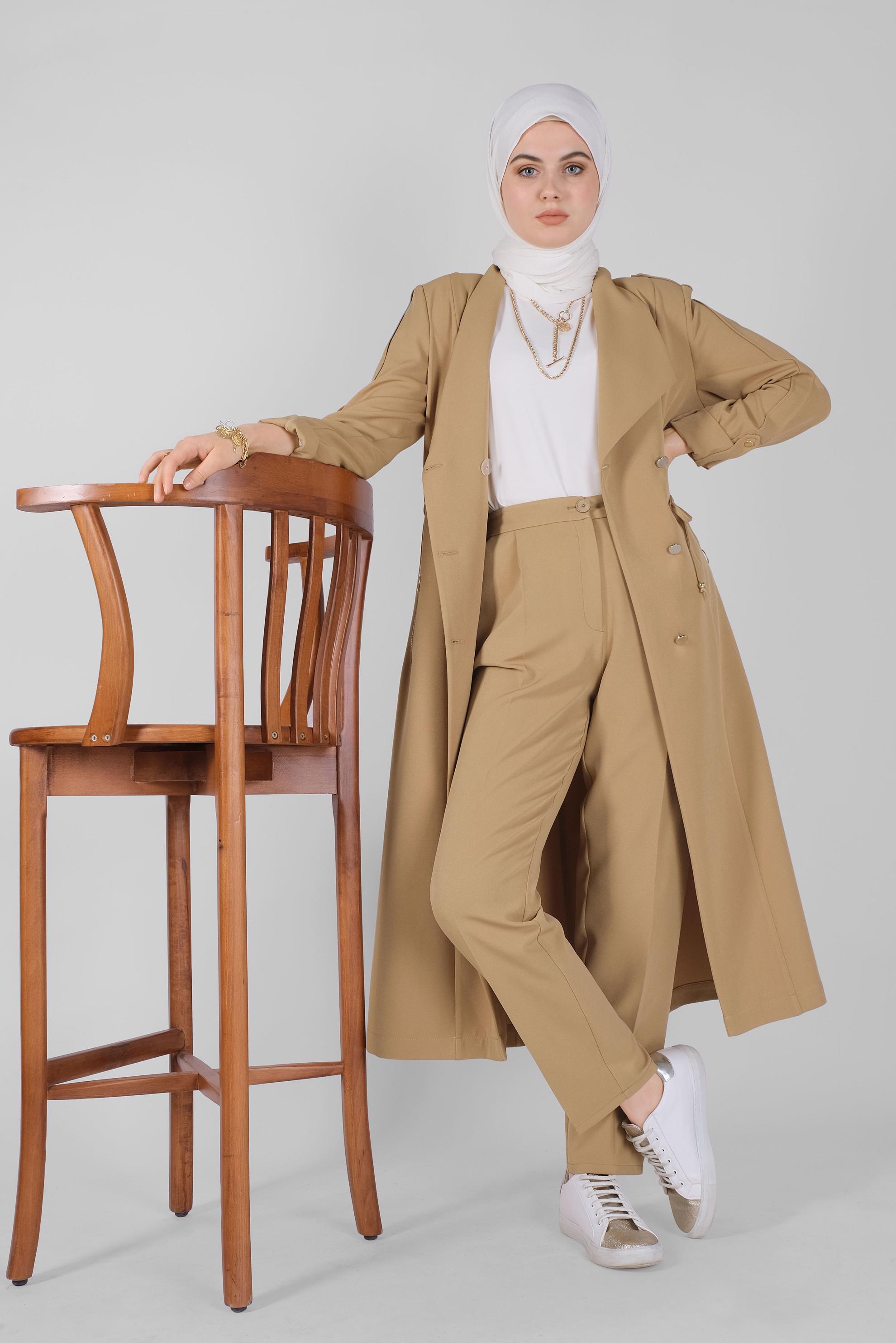 Tesettür giyim KAHVE BELİ BÜZGÜLÜ TRENÇKOT 10405 