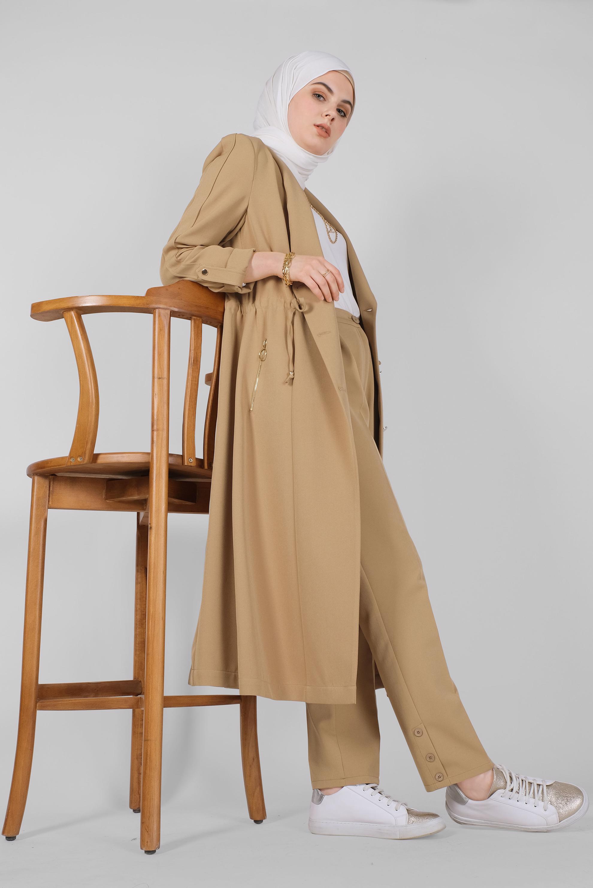 Tesettür giyim KAHVE BELİ BÜZGÜLÜ TRENÇKOT 10405 