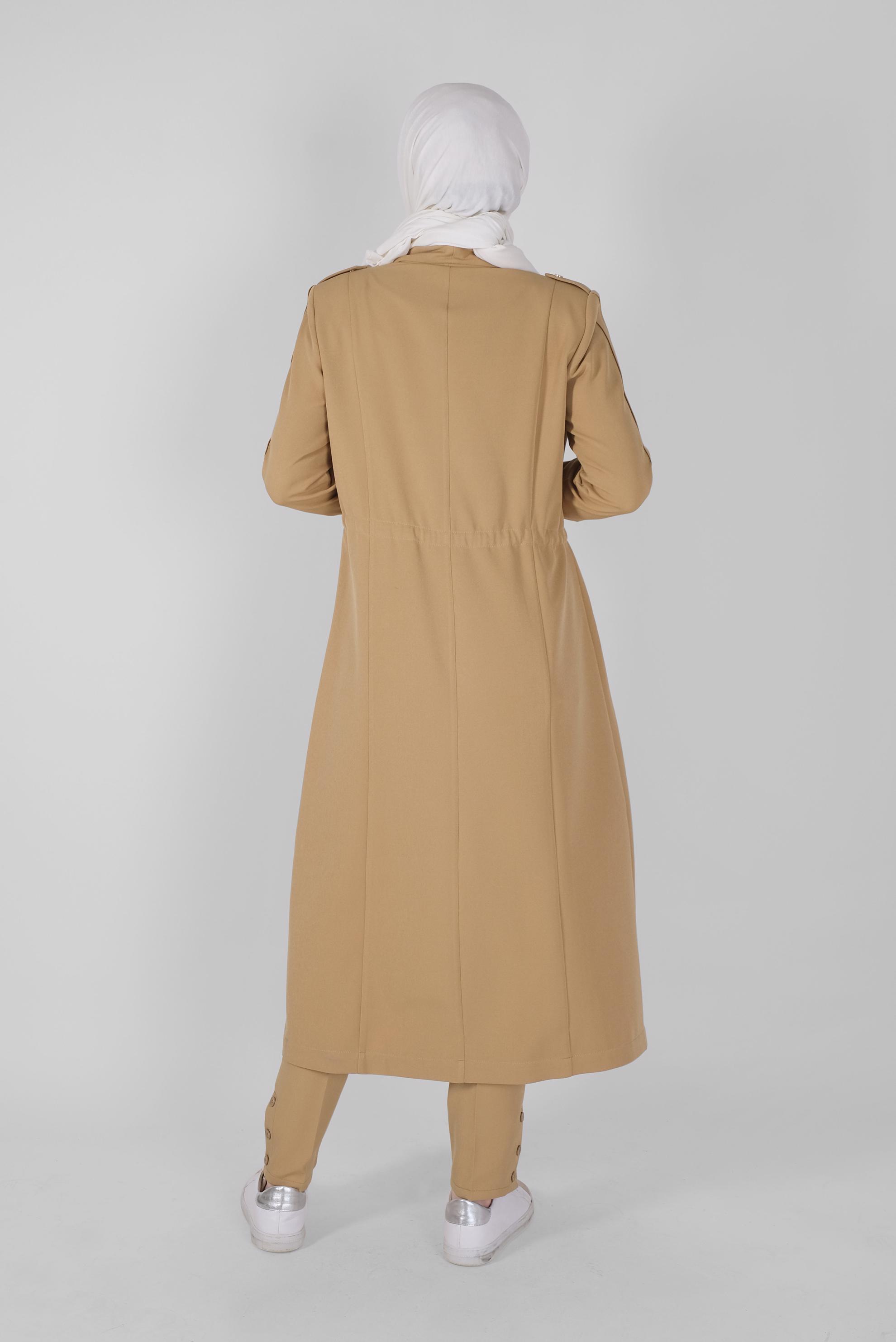 Tesettür giyim KAHVE BELİ BÜZGÜLÜ TRENÇKOT 10405 