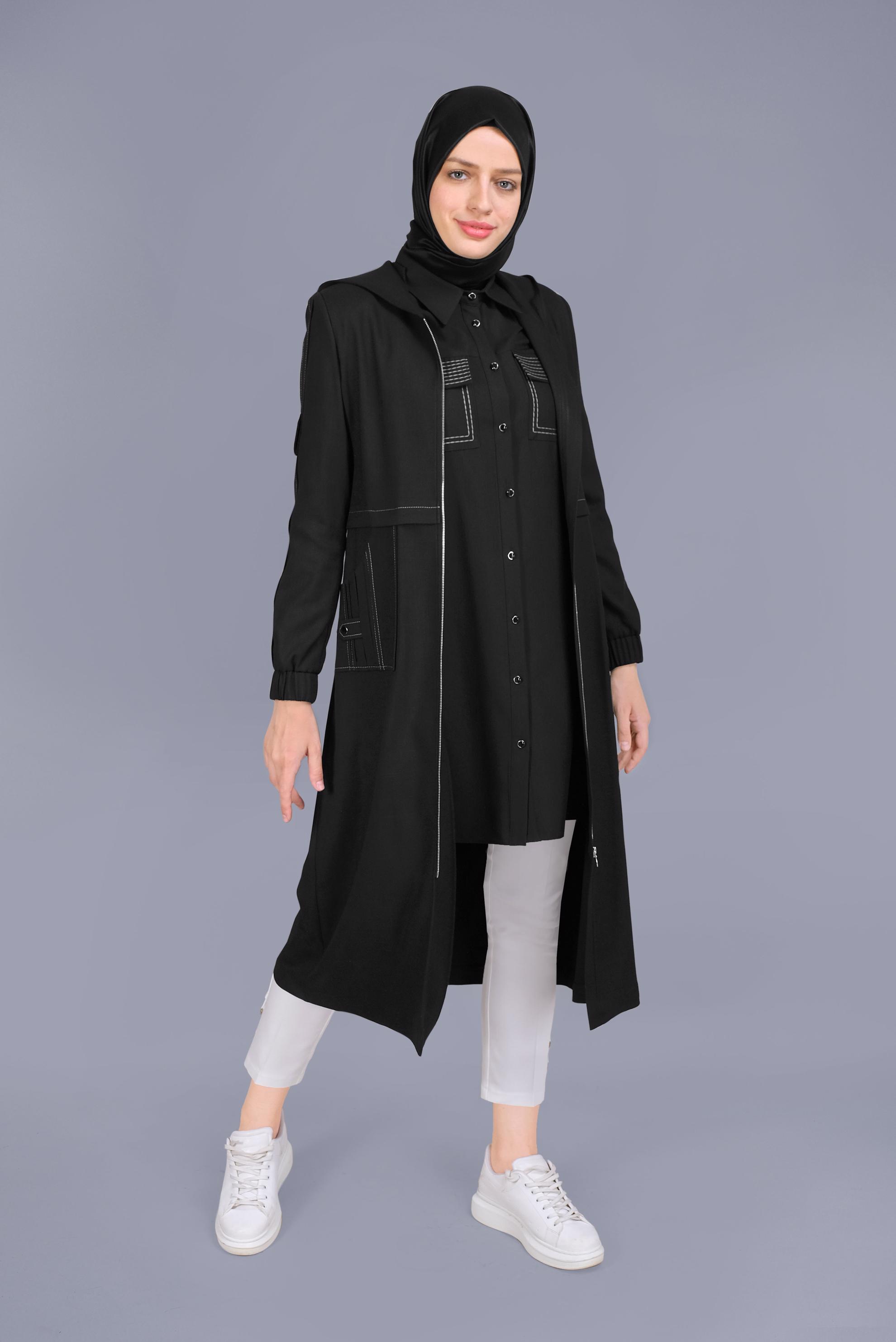 Tesettür giyim SİYAH FERMUARLI CEPLİ TRENÇKOT 10409 