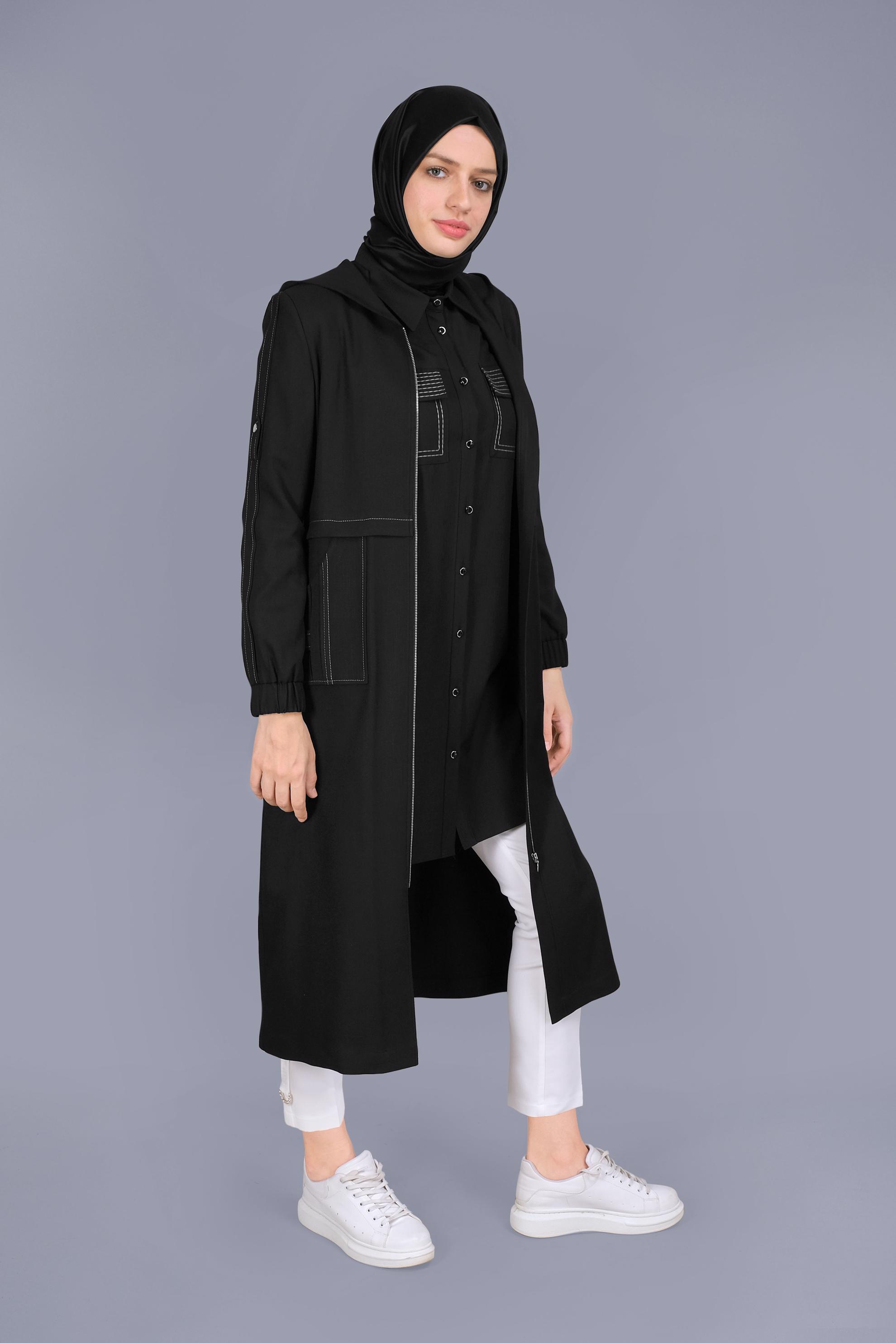 Tesettür giyim SİYAH FERMUARLI CEPLİ TRENÇKOT 10409 