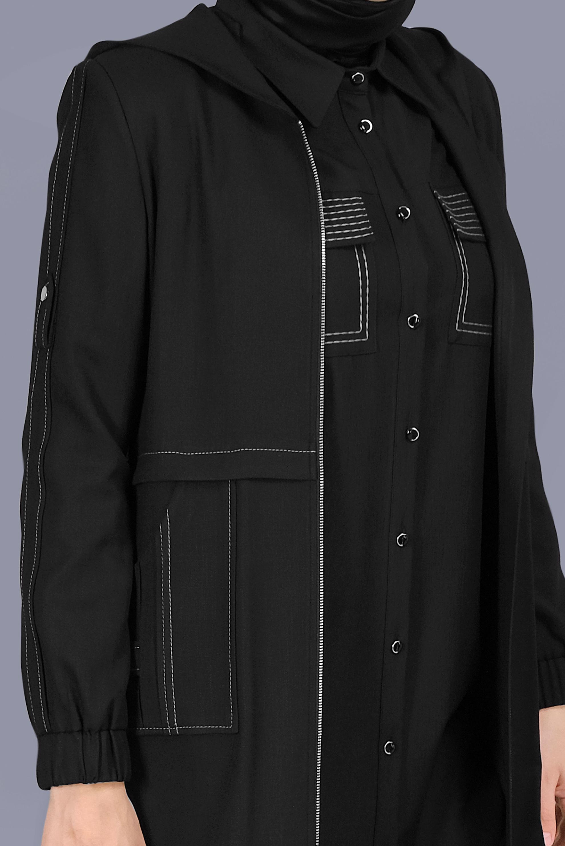 Tesettür giyim SİYAH FERMUARLI CEPLİ TRENÇKOT 10409 