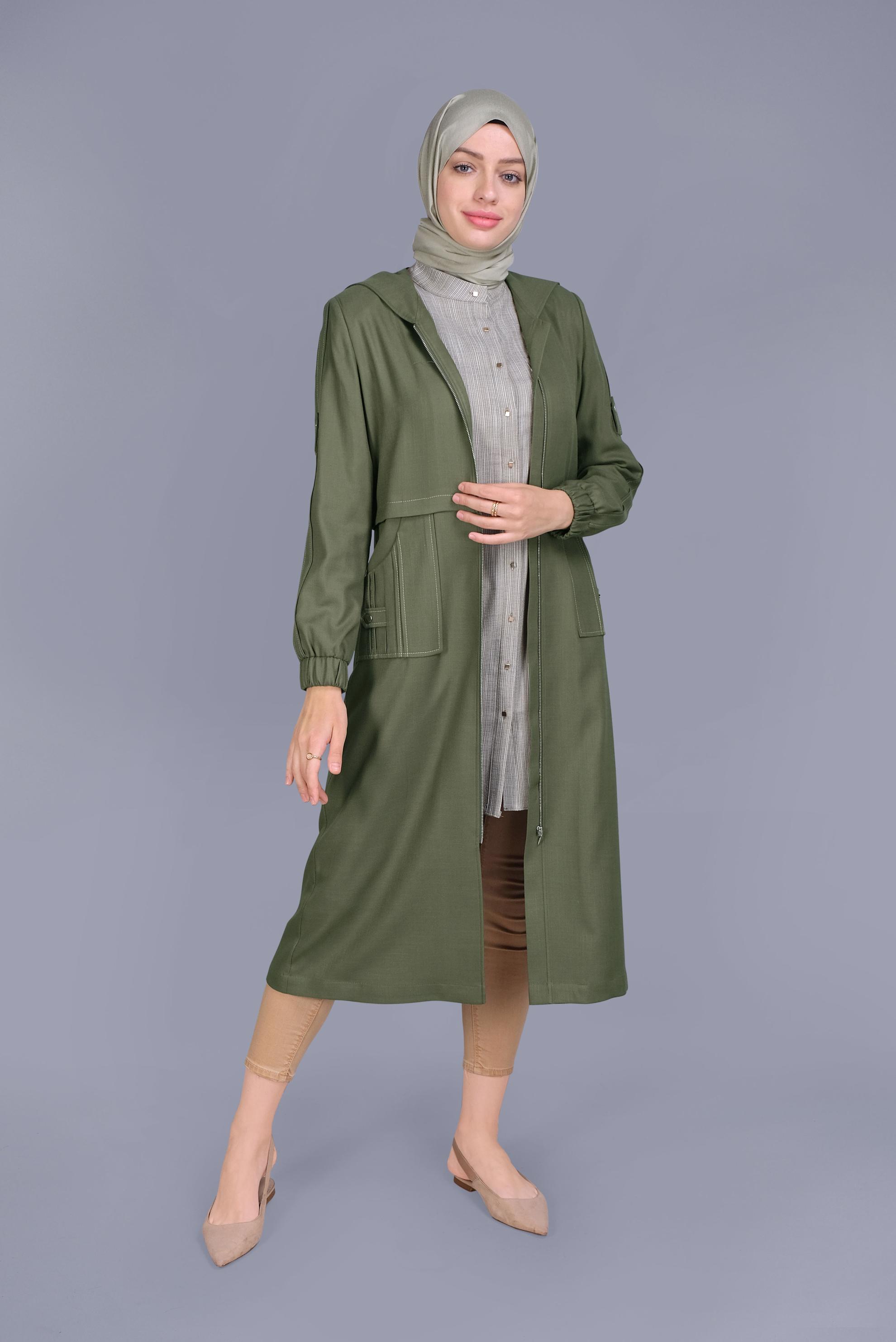 Tesettür giyim HAKİ FERMUARLI CEPLİ TRENÇKOT 10409 