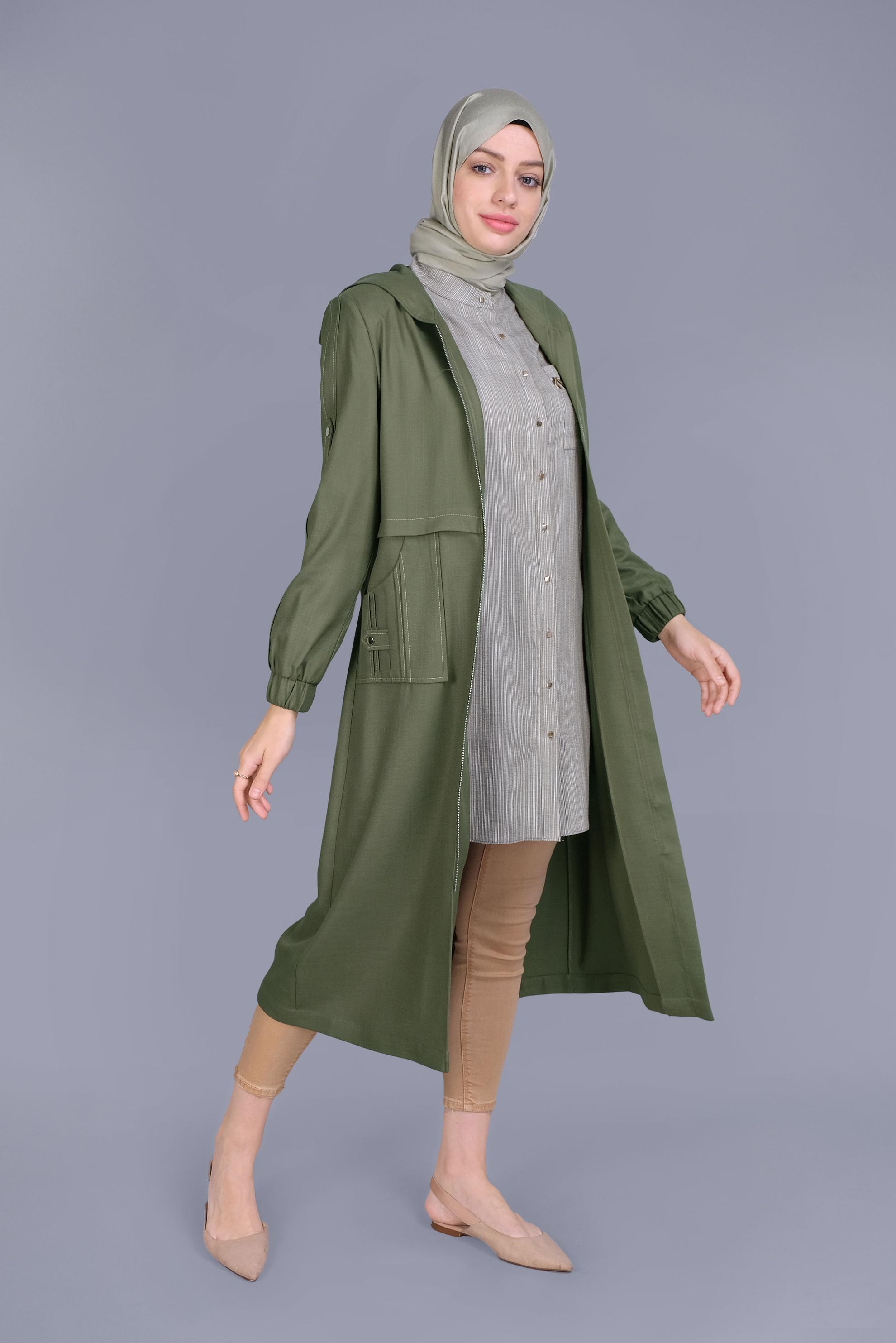 Tesettür giyim HAKİ FERMUARLI CEPLİ TRENÇKOT 10409 