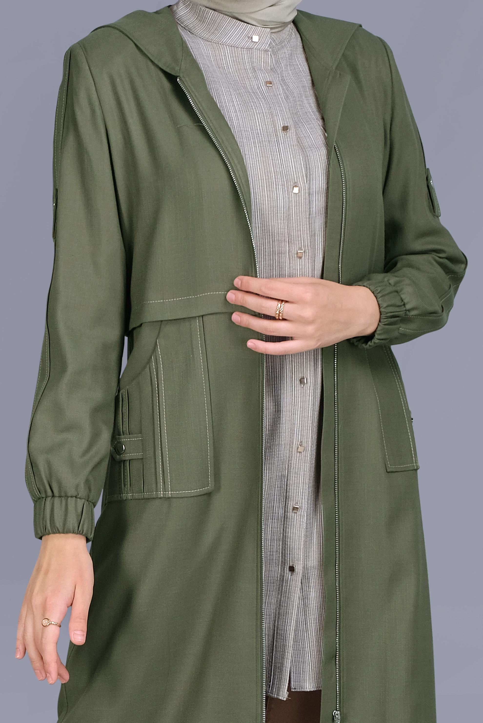 Tesettür giyim HAKİ FERMUARLI CEPLİ TRENÇKOT 10409 