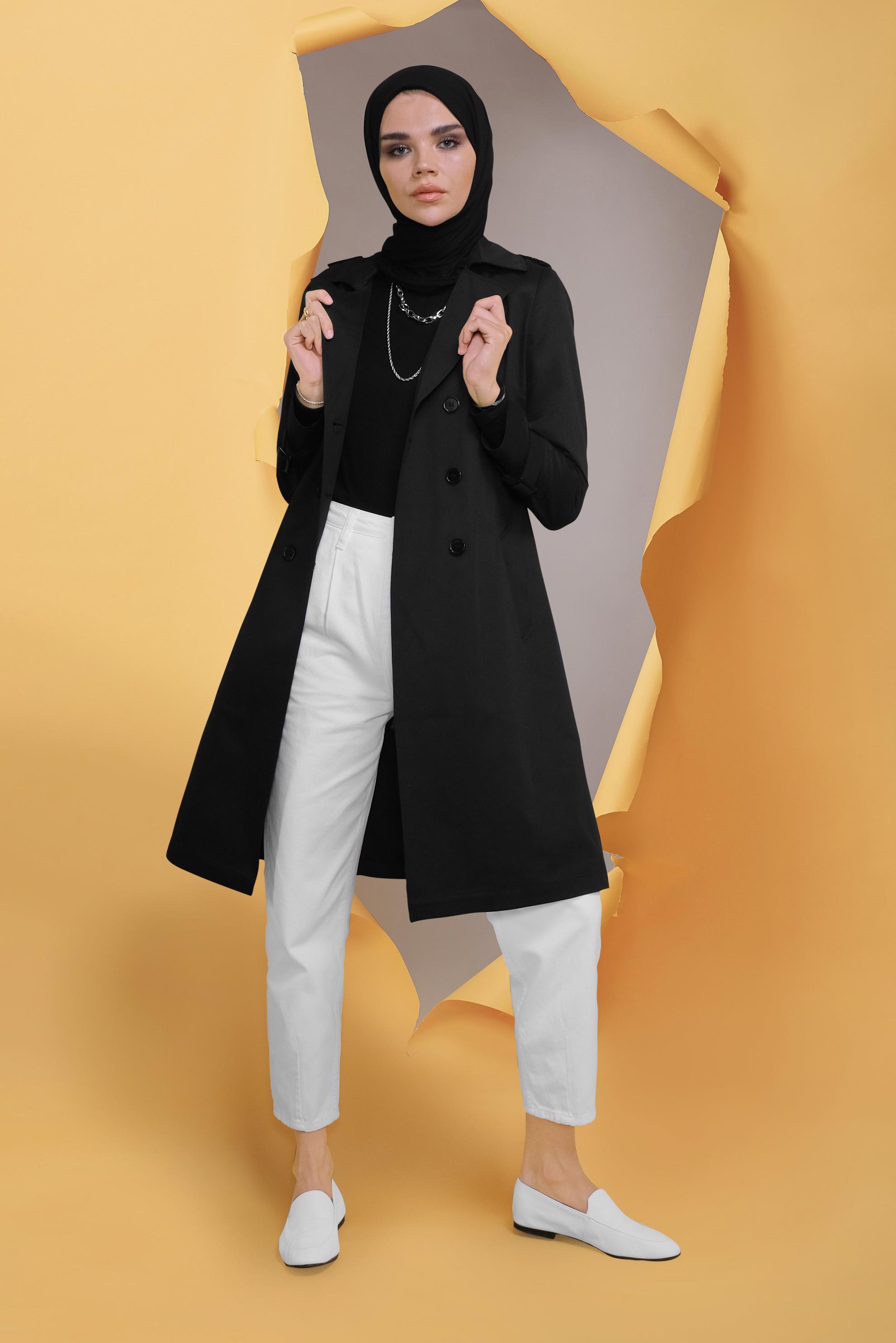 Tesettür giyim SİYAH PAMUKLU DÜĞMELİ TRENÇKOT 10410