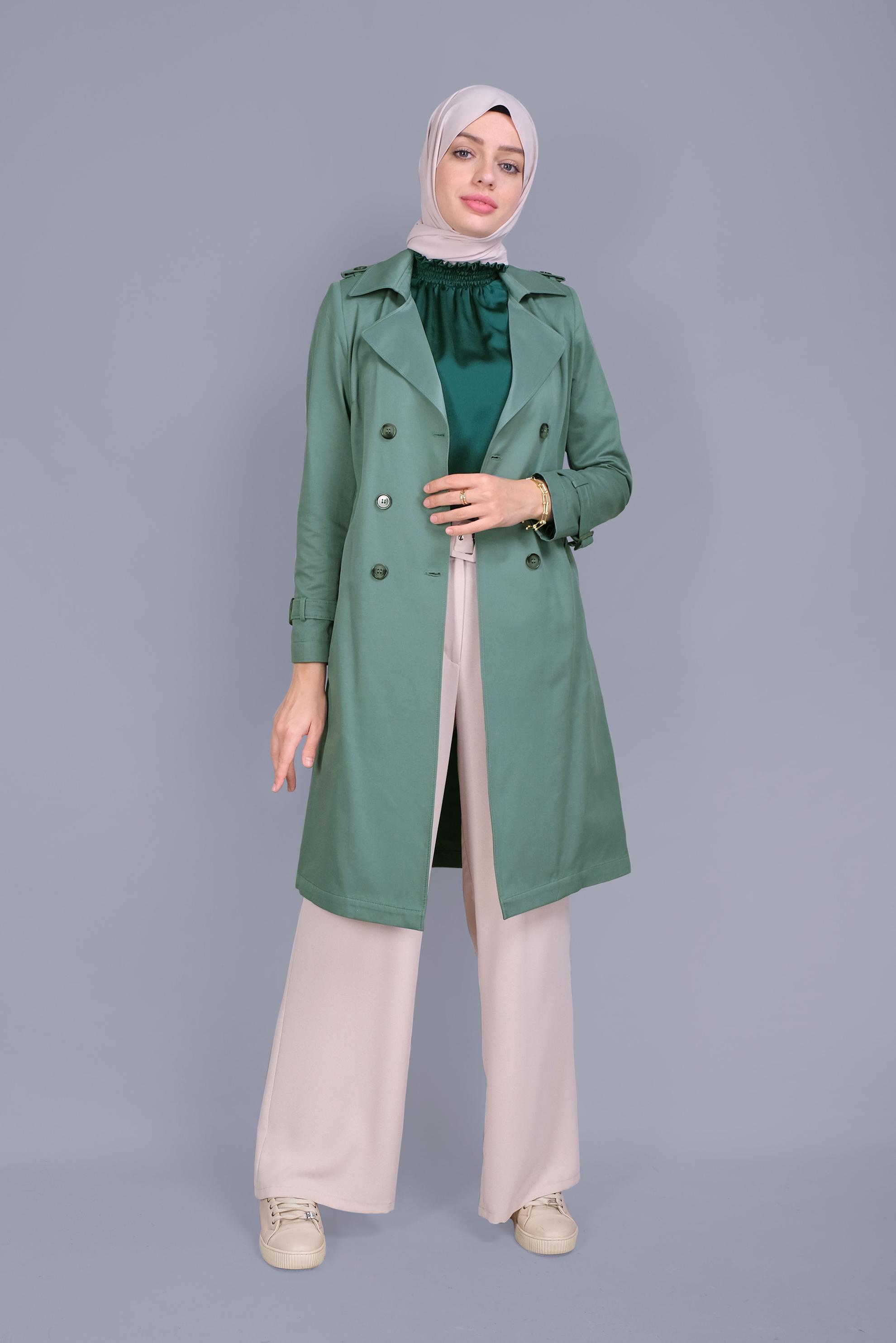 Tesettür giyim YEŞİL PAMUKLU DÜĞMELİ TRENÇKOT 10410