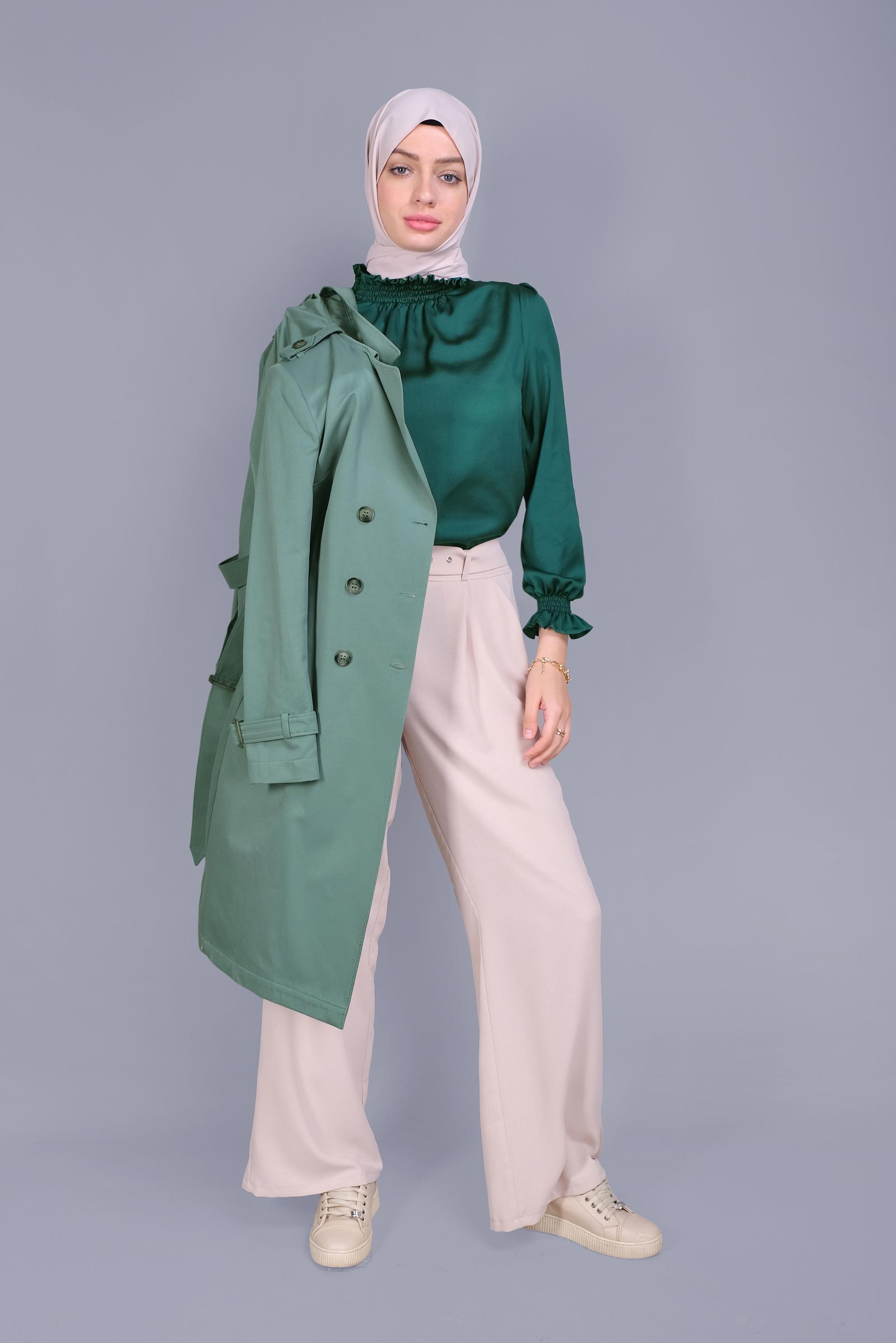 Tesettür giyim YEŞİL PAMUKLU DÜĞMELİ TRENÇKOT 10410