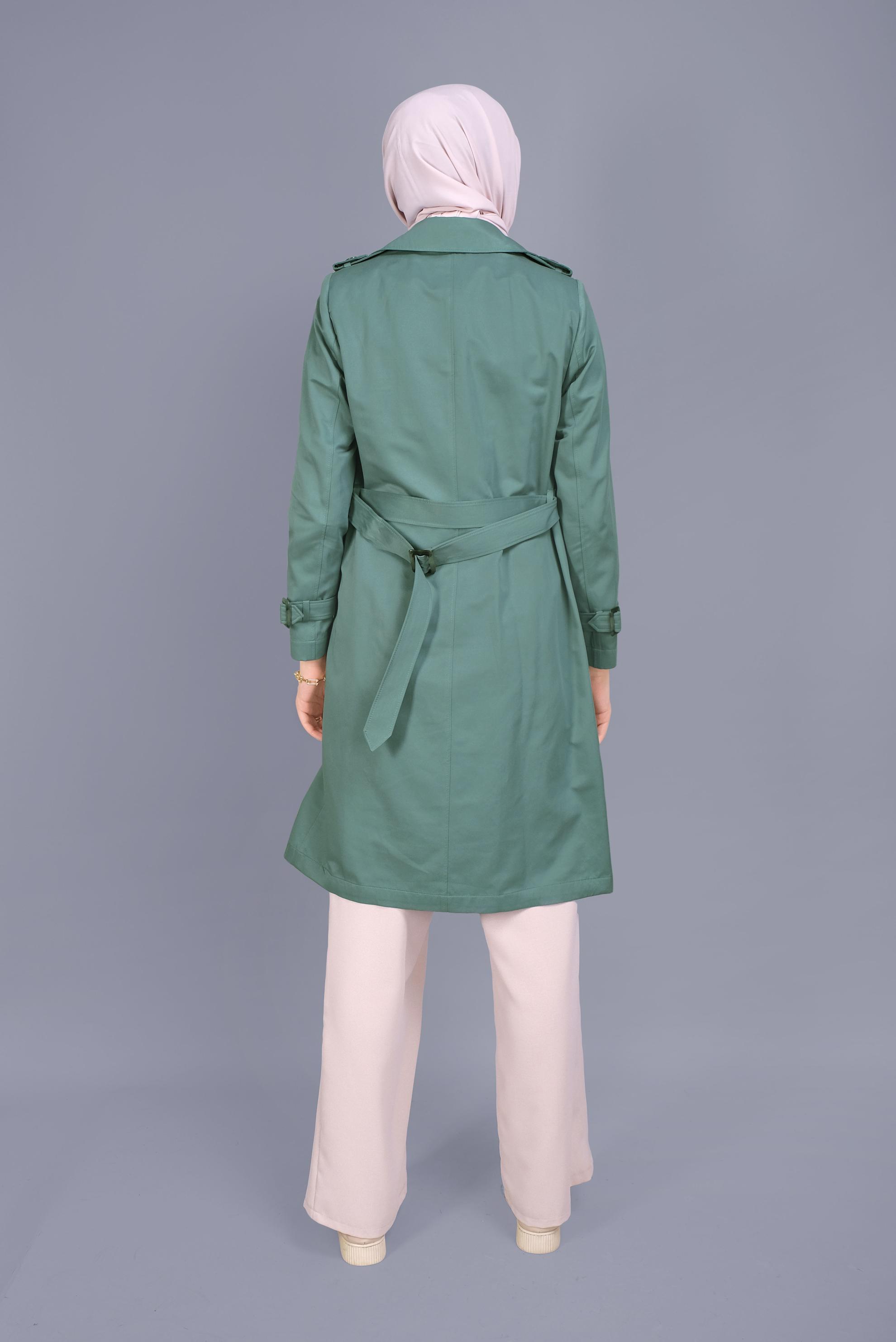 Tesettür giyim YEŞİL PAMUKLU DÜĞMELİ TRENÇKOT 10410