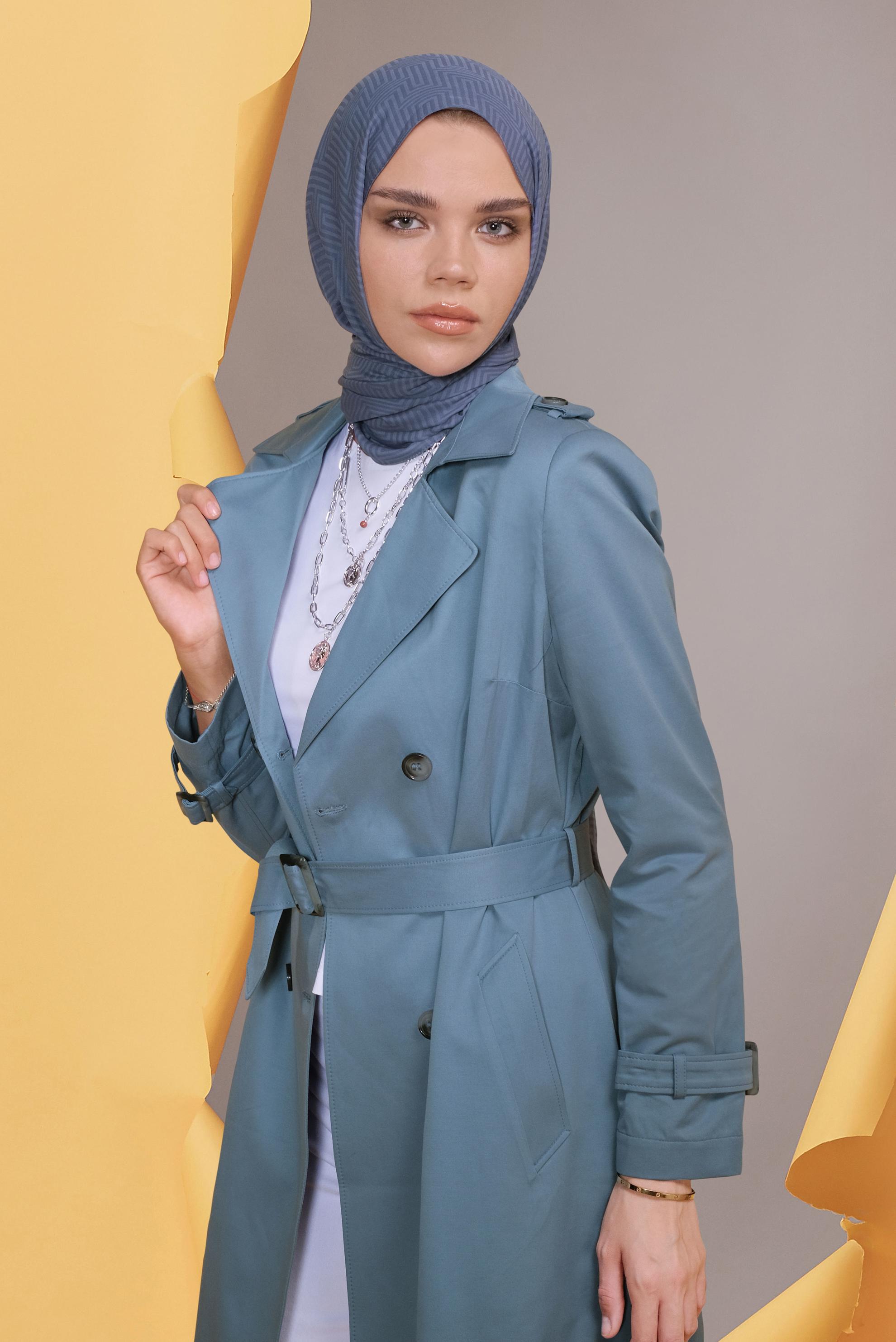 Tesettür giyim MAVİ PAMUKLU DÜĞMELİ TRENÇKOT 10410